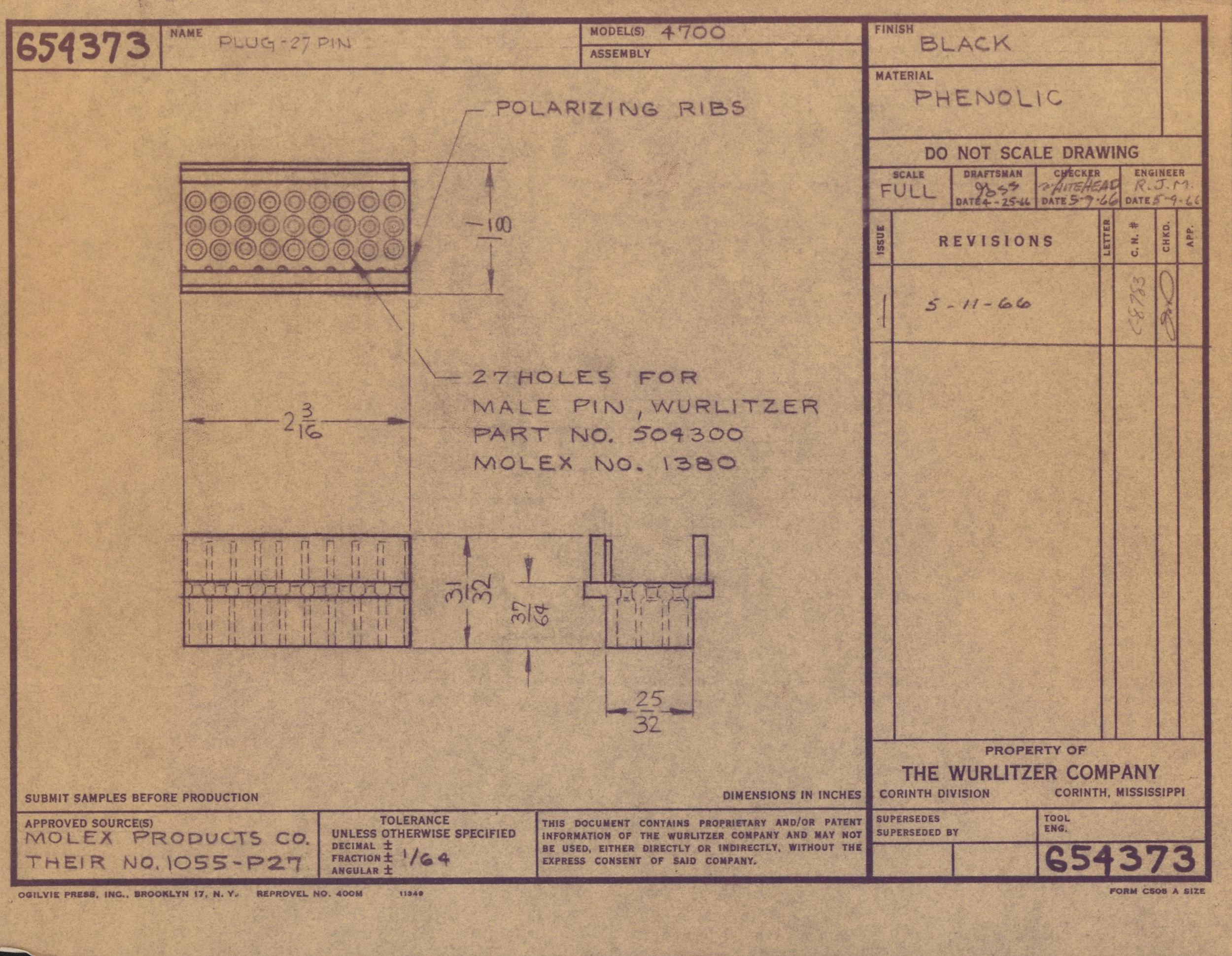 Technical engineering blueprint for a plug with 27 pins, showing detailed measurements, polarizing ribs, and construction specifications.