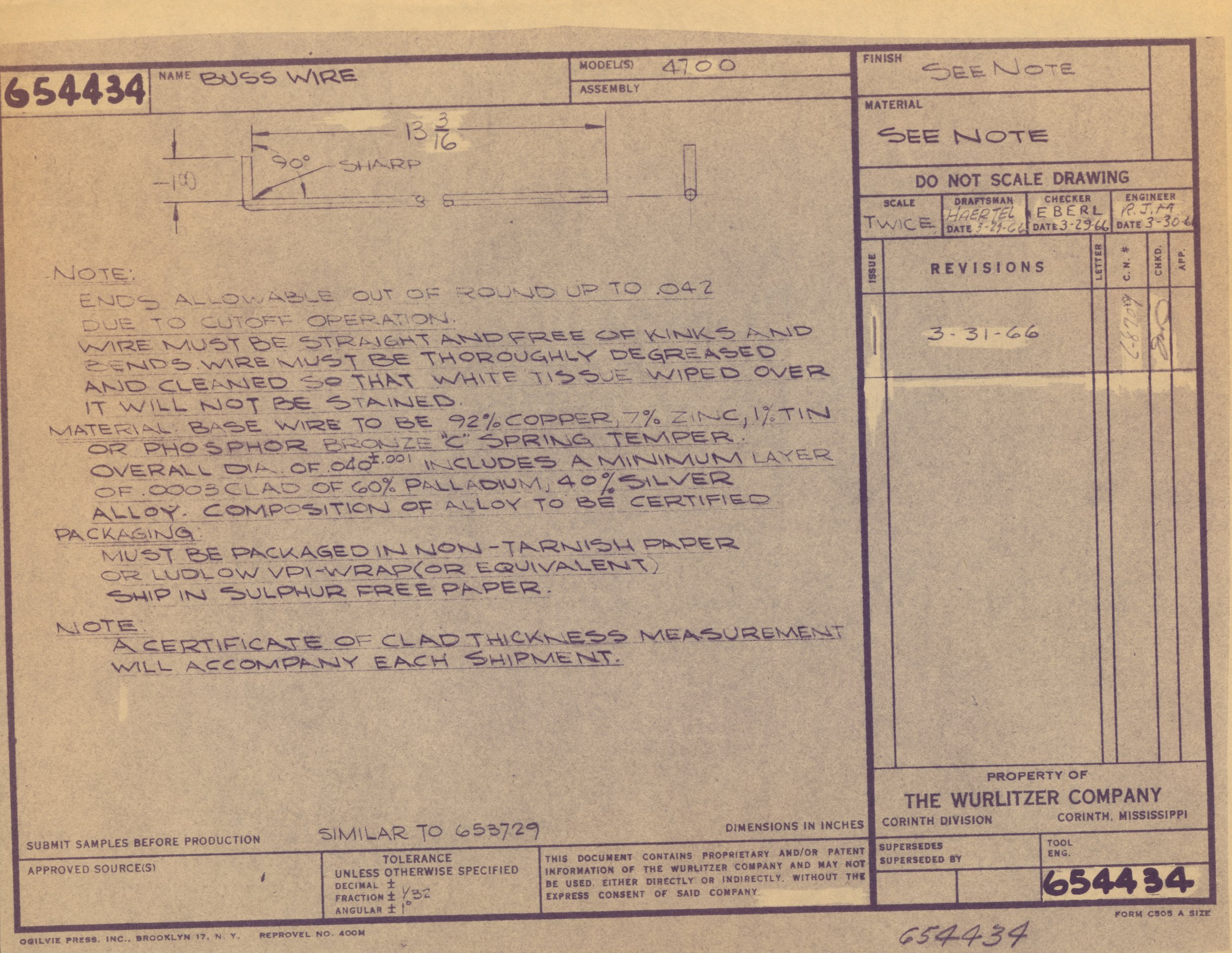 Technical drawing with handwritten notes and measurements for a wire part, manufactured by Wurlitzer Company.
