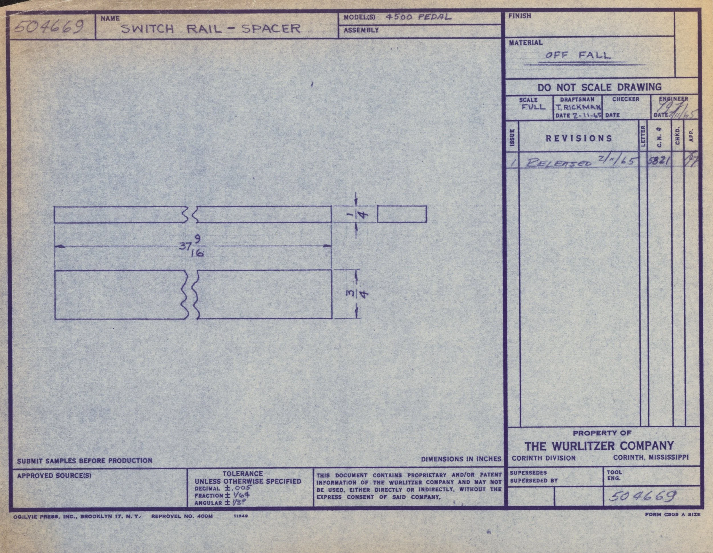 Blueprint for a switch rail spacer, showing dimensions and technical notes, produced by The Wurlitzer Company, Corinth, Mississippi.