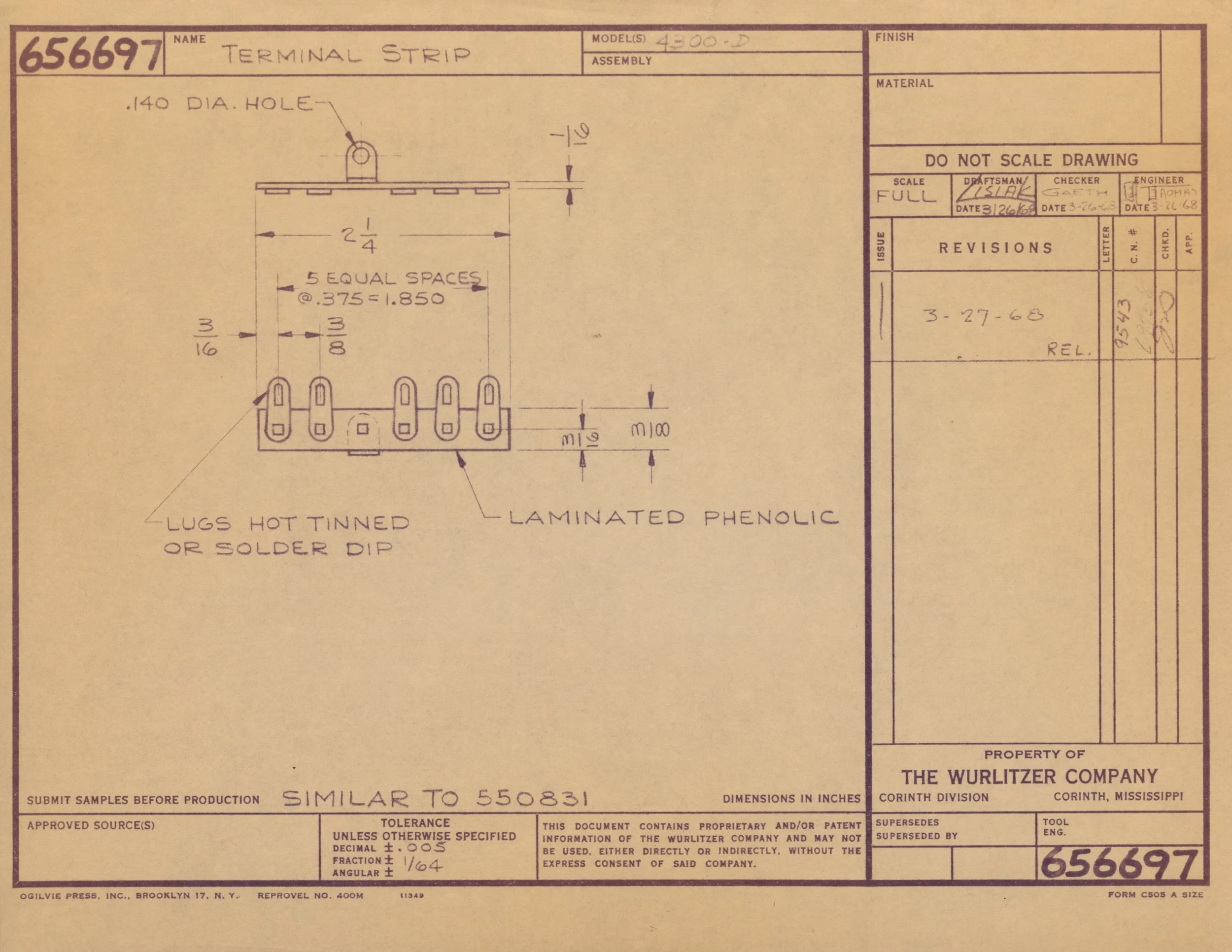 Technical drawing or blueprint of a terminal strip with dimensions and annotations, created by The Wurlitzer Company, showing a layout with numbered connection points and detailed measurements.