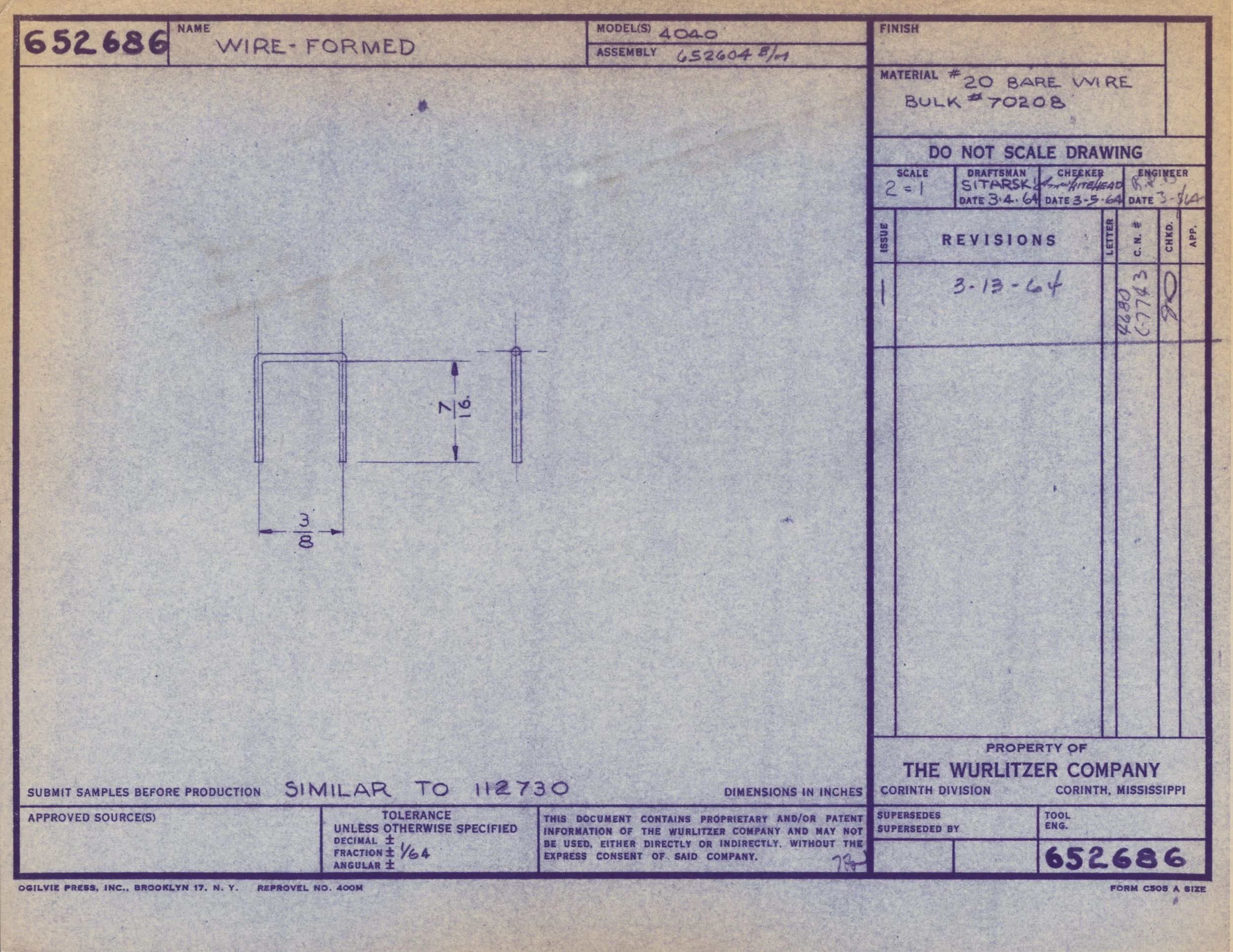 Technical drawing blueprint for wire-formed product, showing wire dimensions, assembly details, and revision history, from Wurlitzer Company.
