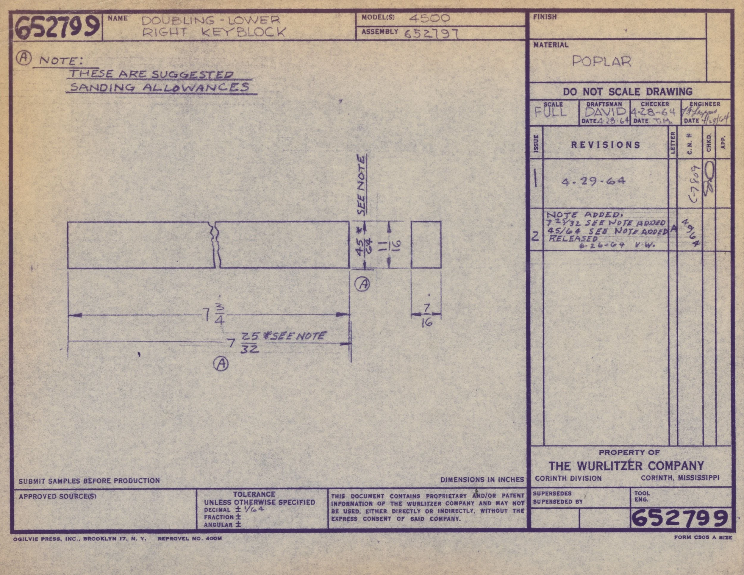 Blueprint diagram of a double lower right key lock, labeled with measurements and specifications, including notes on sanding allowances and approval details.