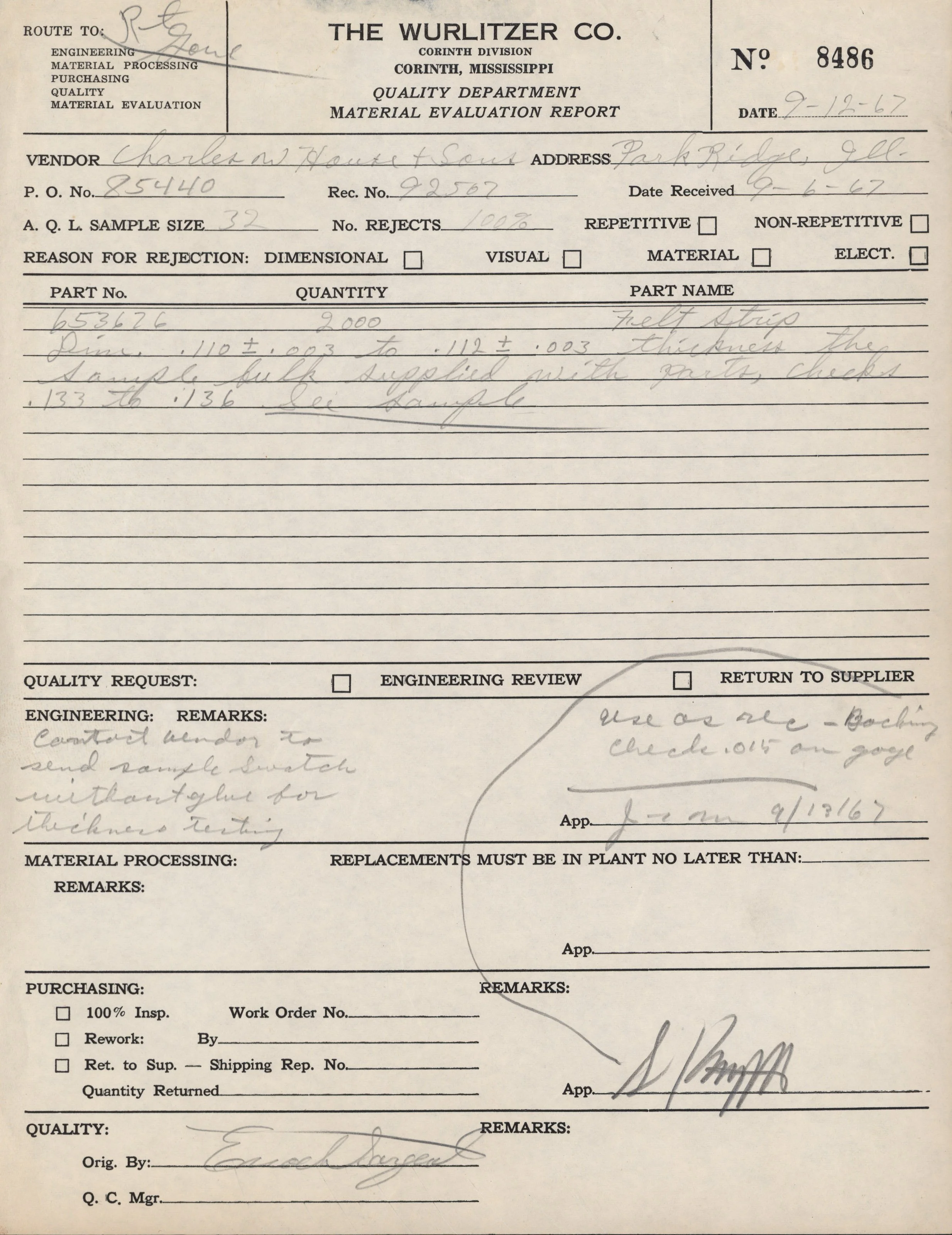 Historical document titled 'Material Evaluation Report' dated 9-12-67 from 'The Wurlitzer Co., Corinth Division, Mississippi,' with typed and handwritten information, including vendor, address, sample size, and part details.
