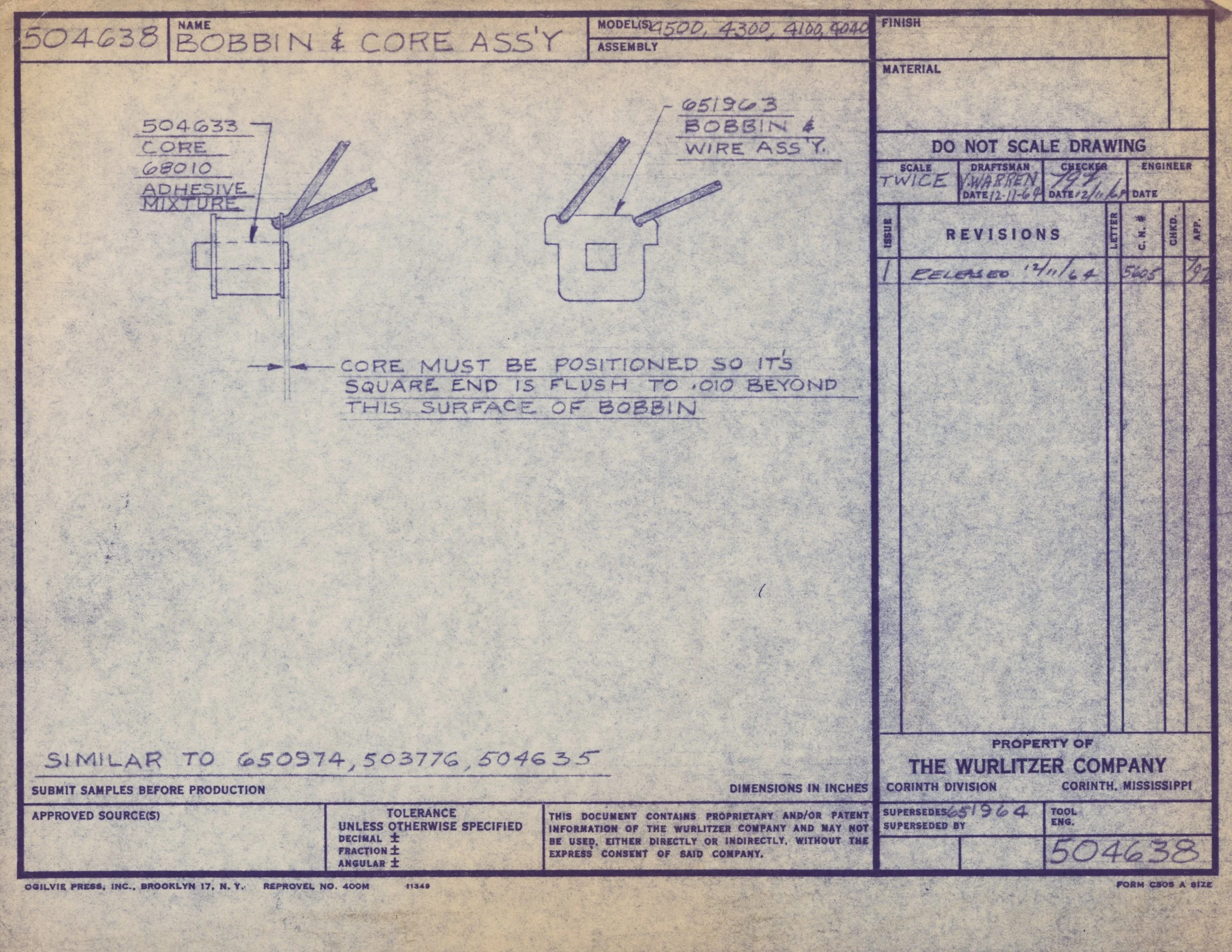 Technical engineering drawing for a bobbin and core assembly, including detailed diagrams, specifications, and notes, from Wurlitzer Company in Mississippi.