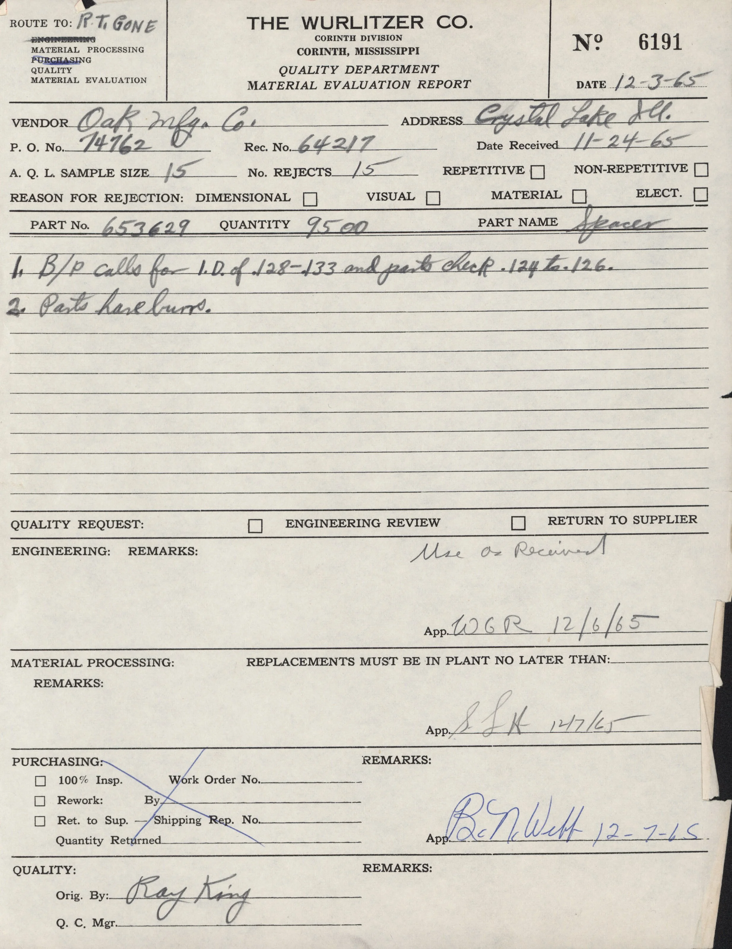 A handwritten quality evaluation report form from The Wurlitzer Co. dated December 3, 1965, for oak veneer with details about the material, rejection reasons, and approval signatures.