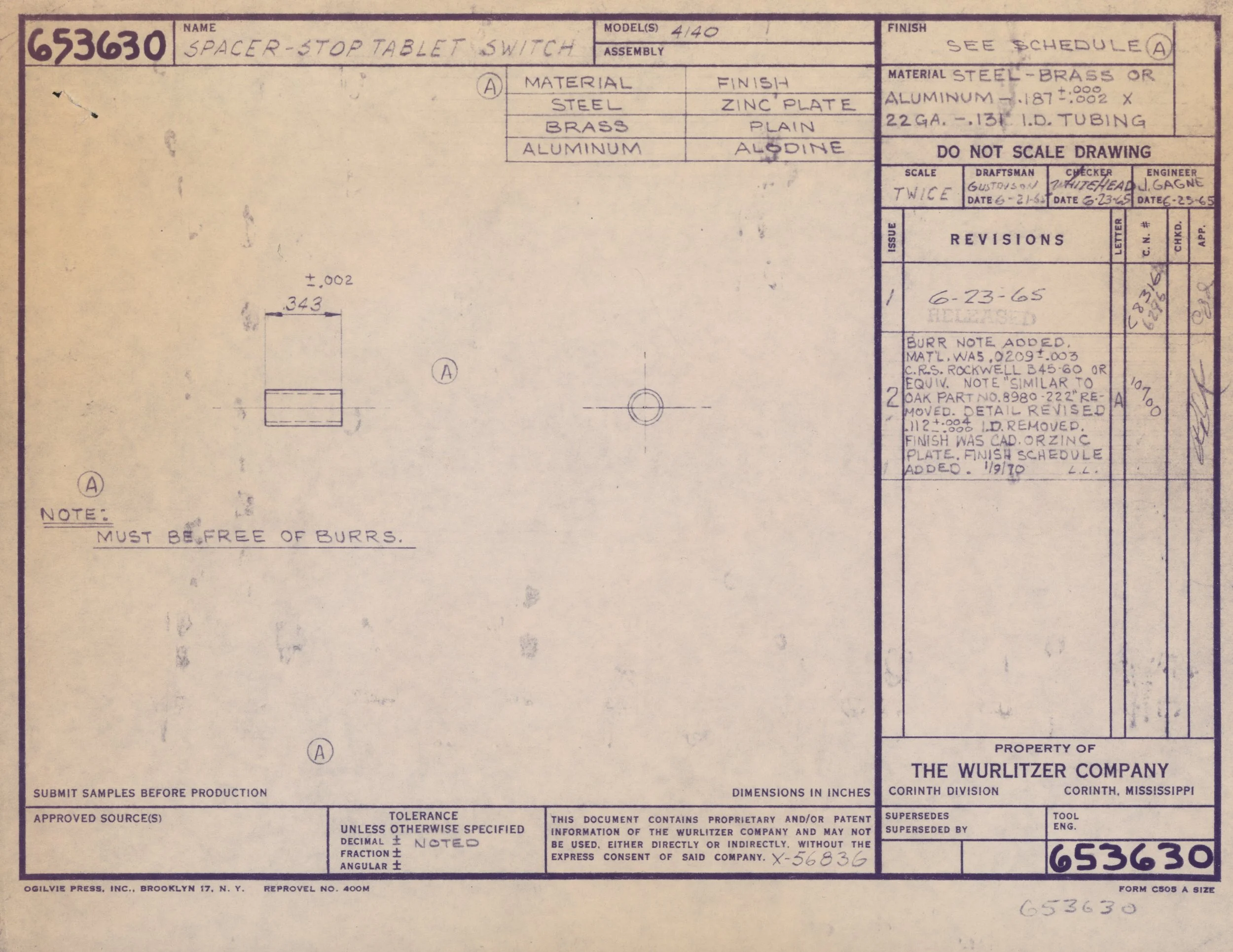 Technical blueprint or engineering drawing for a spacer-stop tablet switch, including details about materials, finishes, dimensions, revisions, and approval signatures, with handwritten notes.