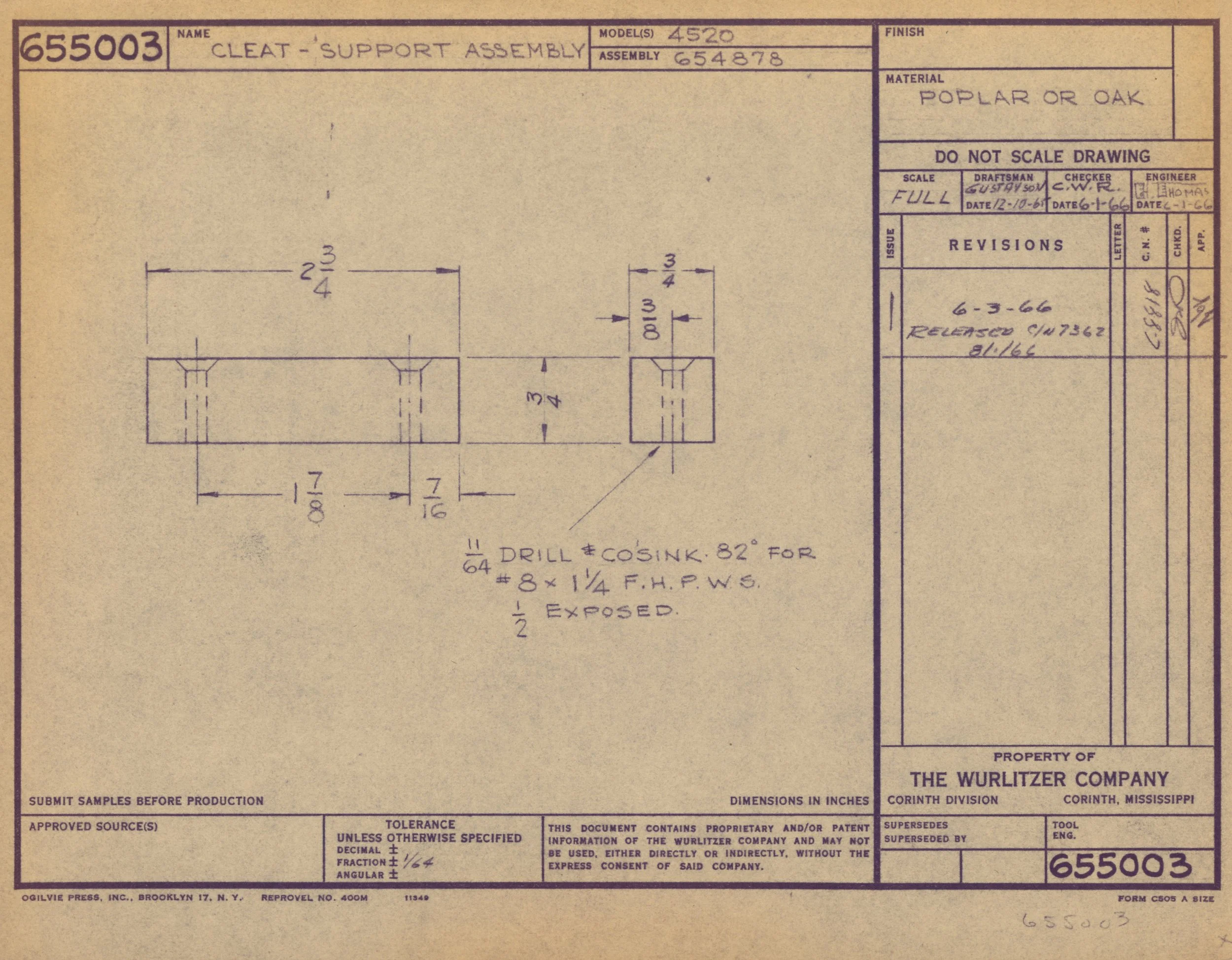 Technical drawing blueprint for a cleat support assembly made of poplar or oak wood, with detailed measurements and specifications.