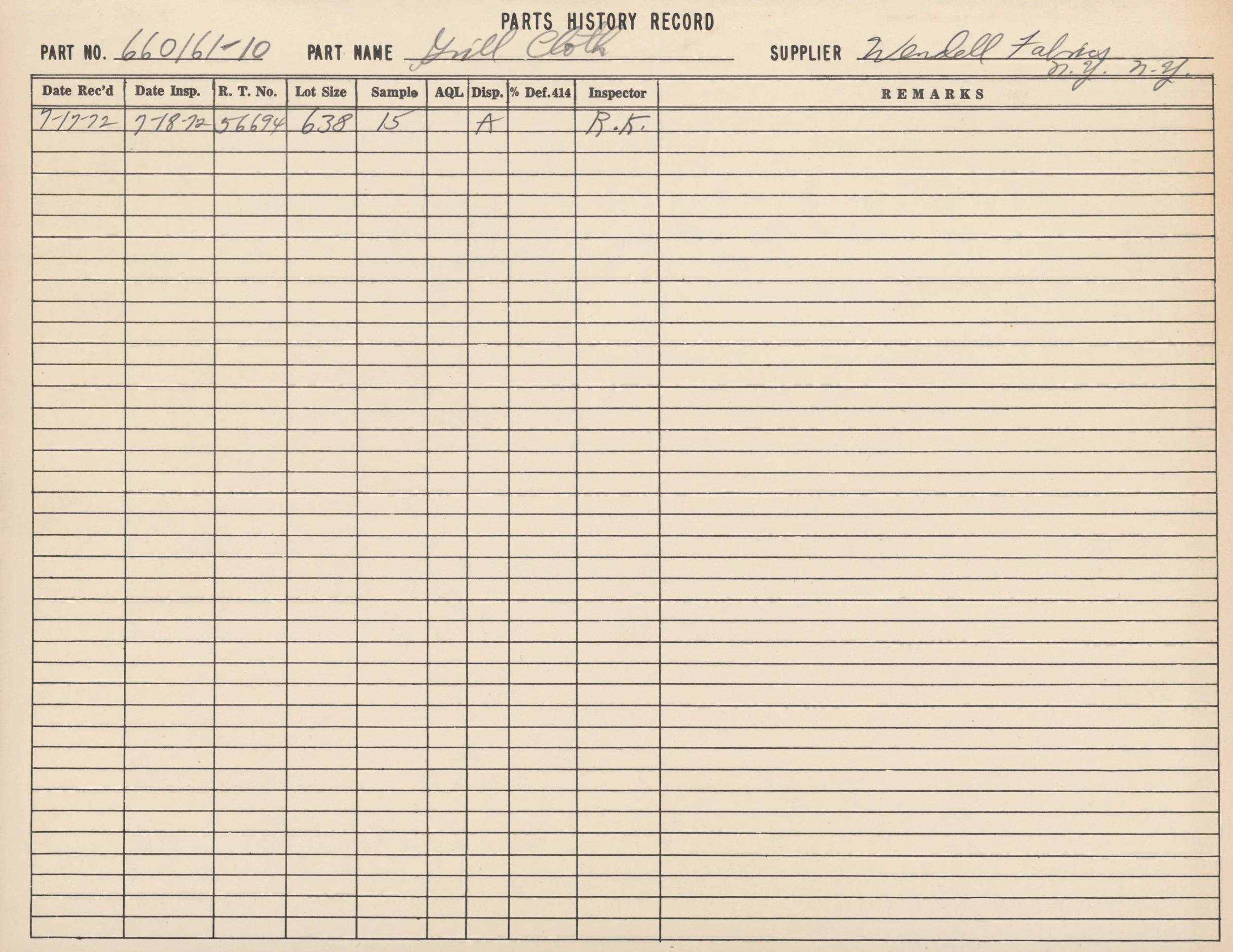A vintage record of parts history for a part number 660/61-10, identified as a grind clutch, manufactured by Wendell Talcott, D.Y. N.Y. N.Y. The record includes a date received of 7/17/72, a date inspection of 7/18/72, lot size of 638, 15 samples, an