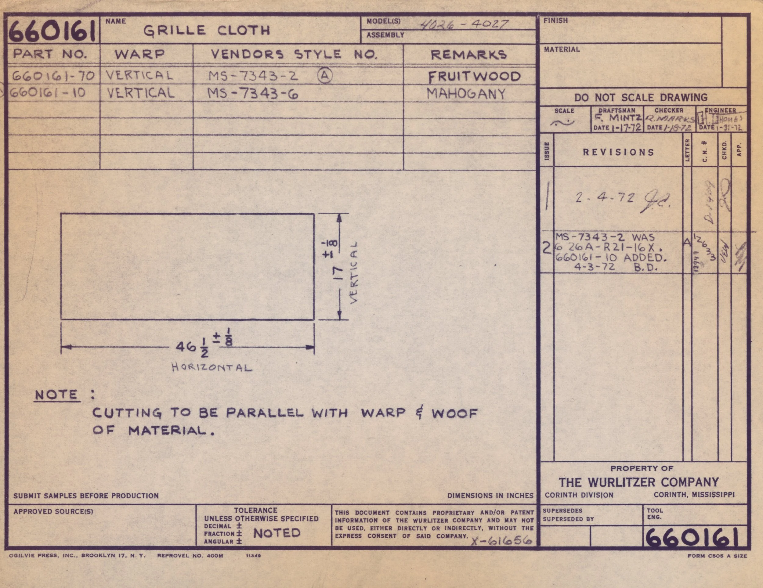 A technical blueprint or pattern for making a grille cloth, with detailed specifications, measurements, and notes, mainly in purple ink on a beige background.