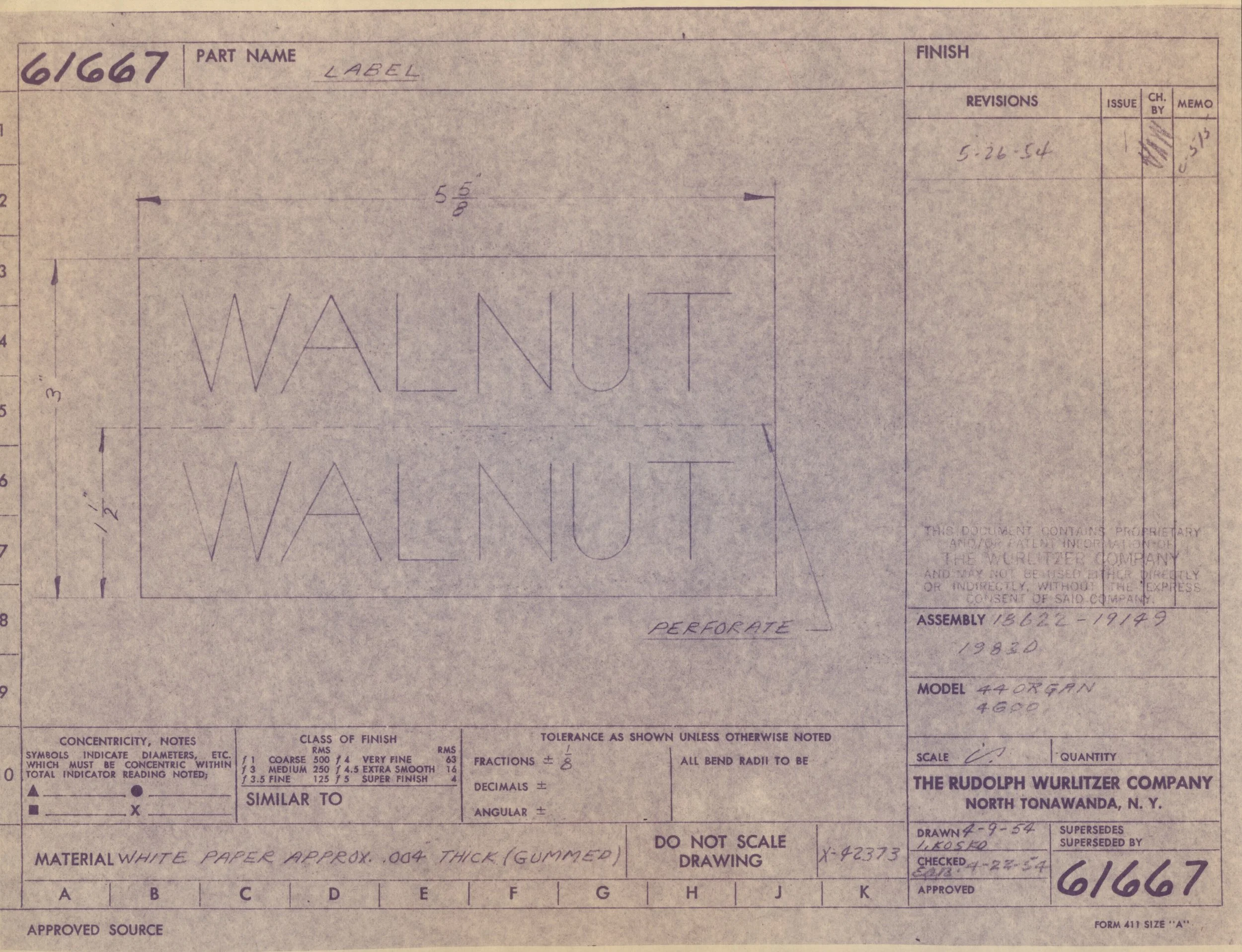 Technical drawing of a label for model 440R, with handwritten notes, dates, and specifications, on pinkish paper.