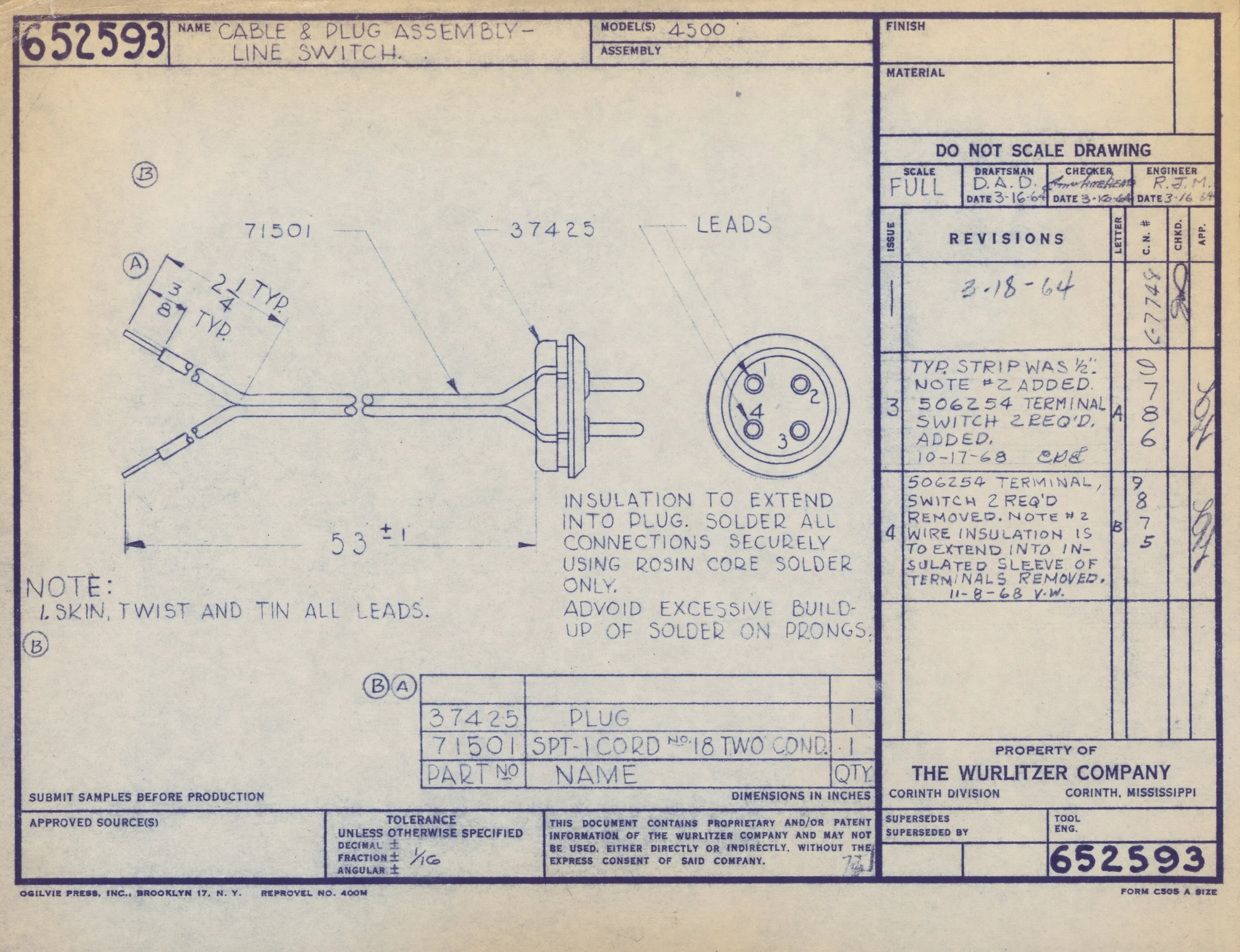 Technical blueprint or schematic diagram of an electrical component, specifically a line switch and plug assembly, with detailed measurements, notes, and annotations.