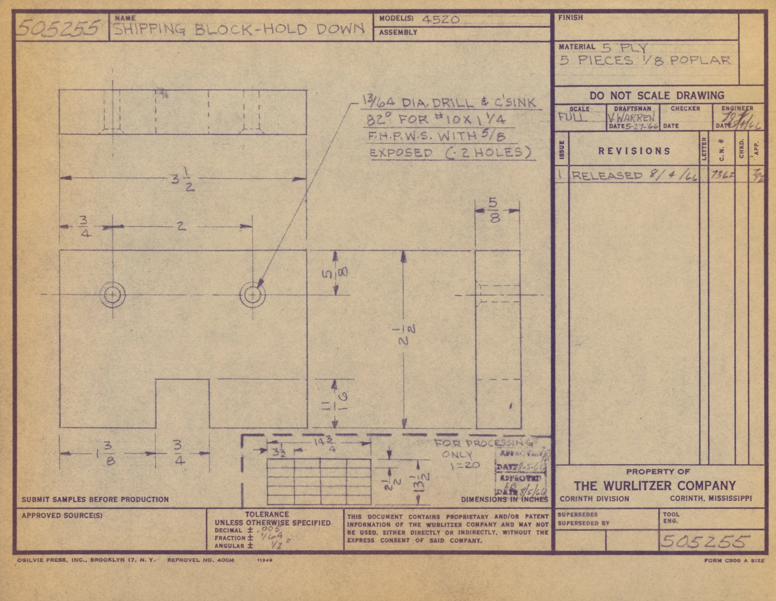 A technical engineering blueprint for a shipping block, including detailed measurements and notes about materials and specifications.