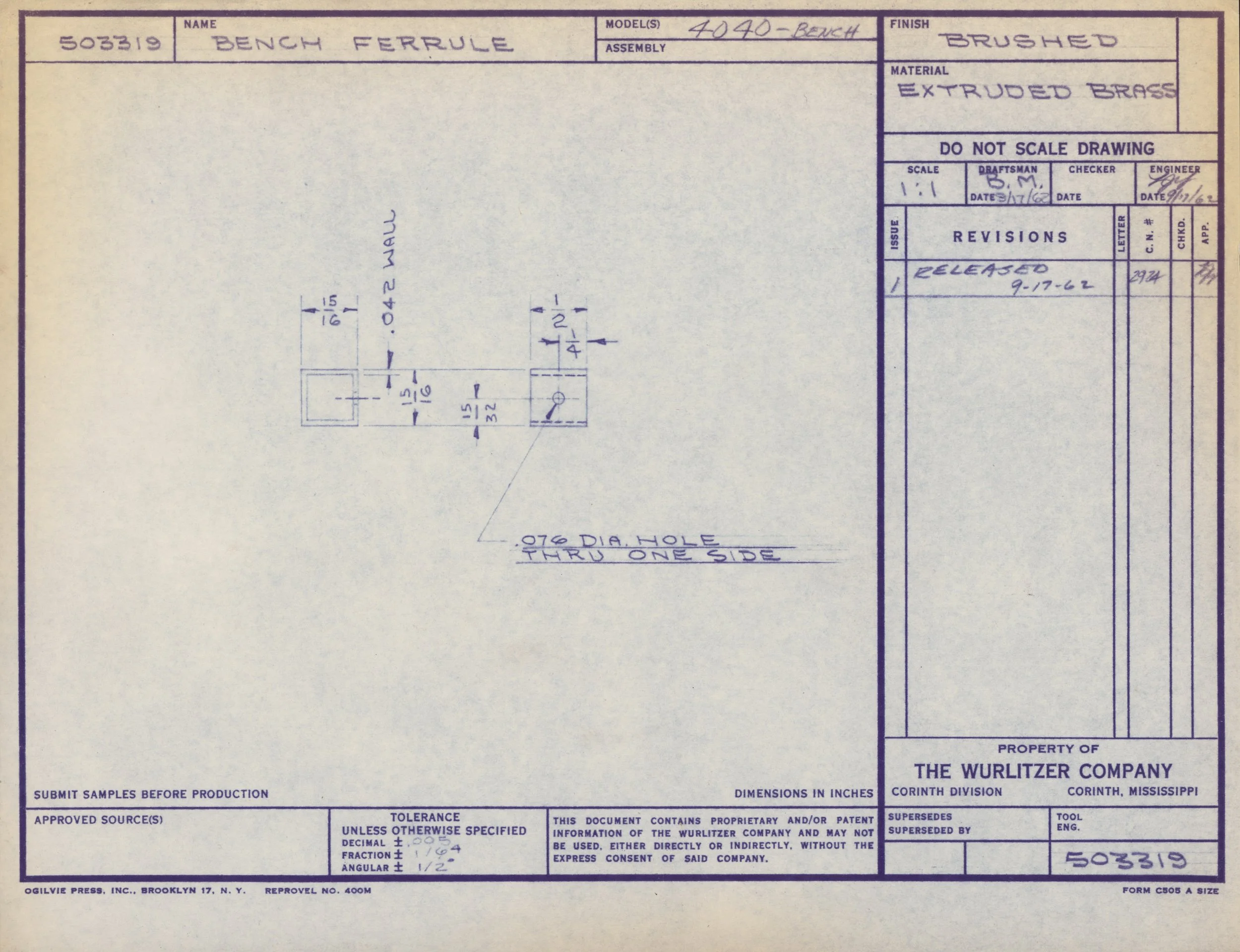 Blueprint drawing of a bench, showing dimensions and construction details, with handwritten notes and signatures, issued by the Wurlitzer Company.