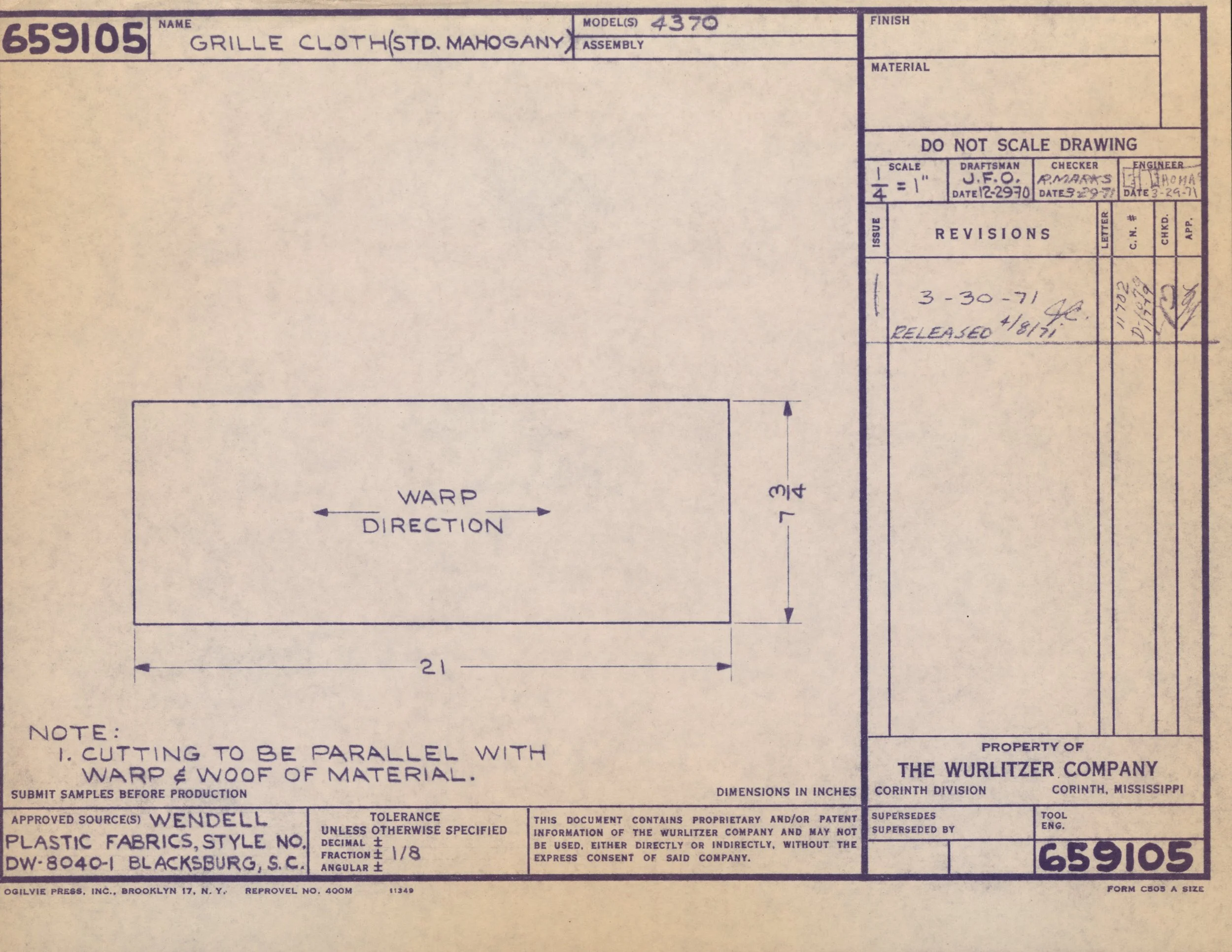 Technical drawing blueprint for a grille cloth made of mahogany, with notes on dimensions, revision date, and approval details.