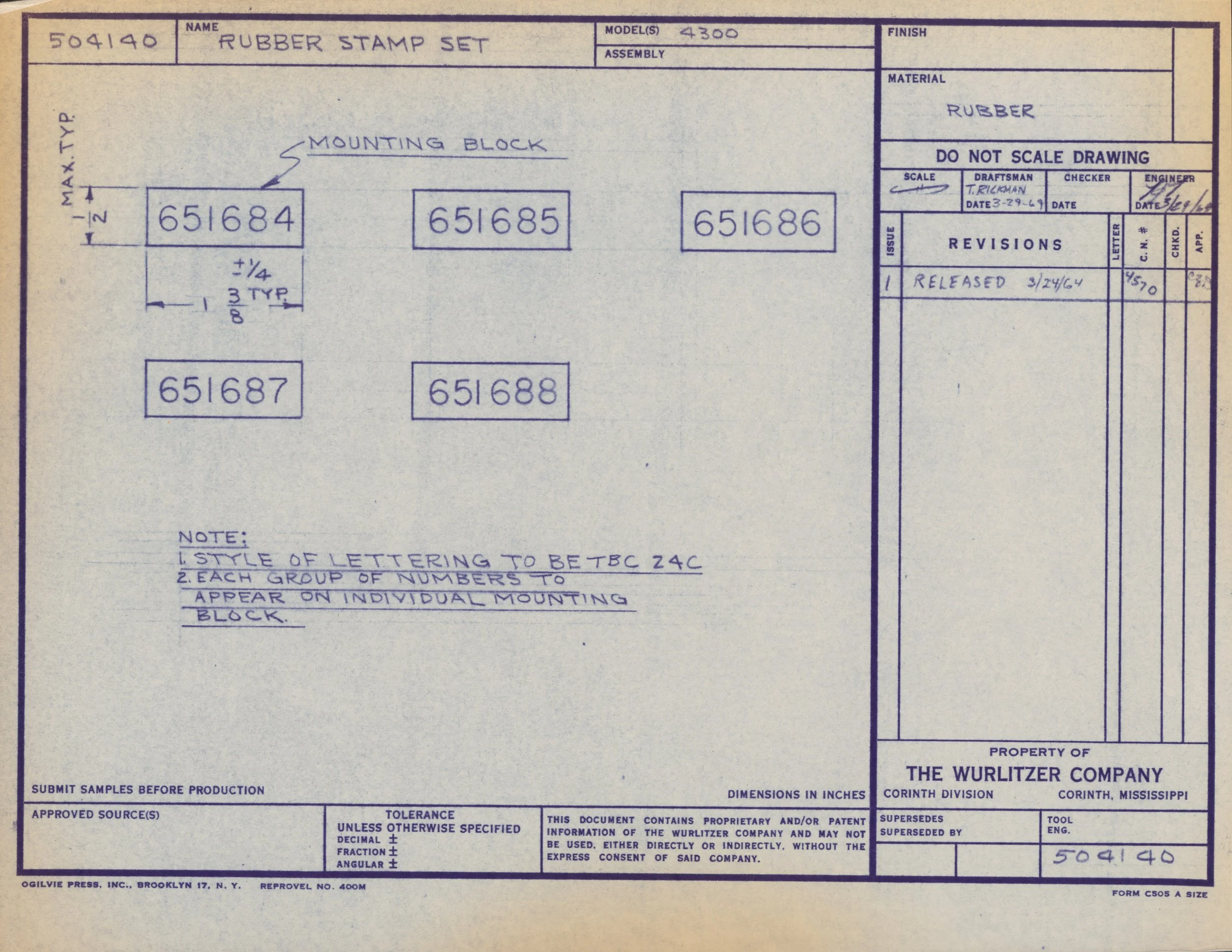 Technical drawing of a rubber stamp set with four rubber stamps labeled with numbers 651684, 651685, 651686, and 651687, along with handwritten notes, revision history, and company information.