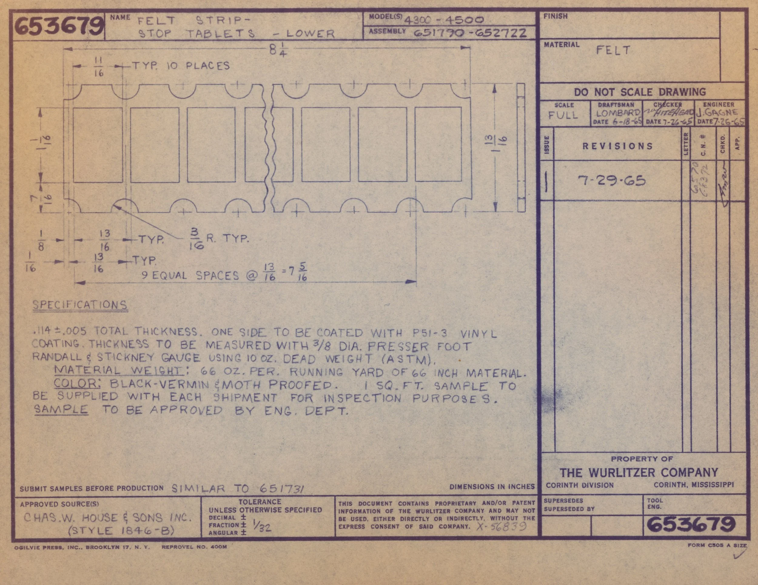 Blueprint drawing of felt stop tablets for lower model trucks, showing dimensions and specifications for manufacturing.
