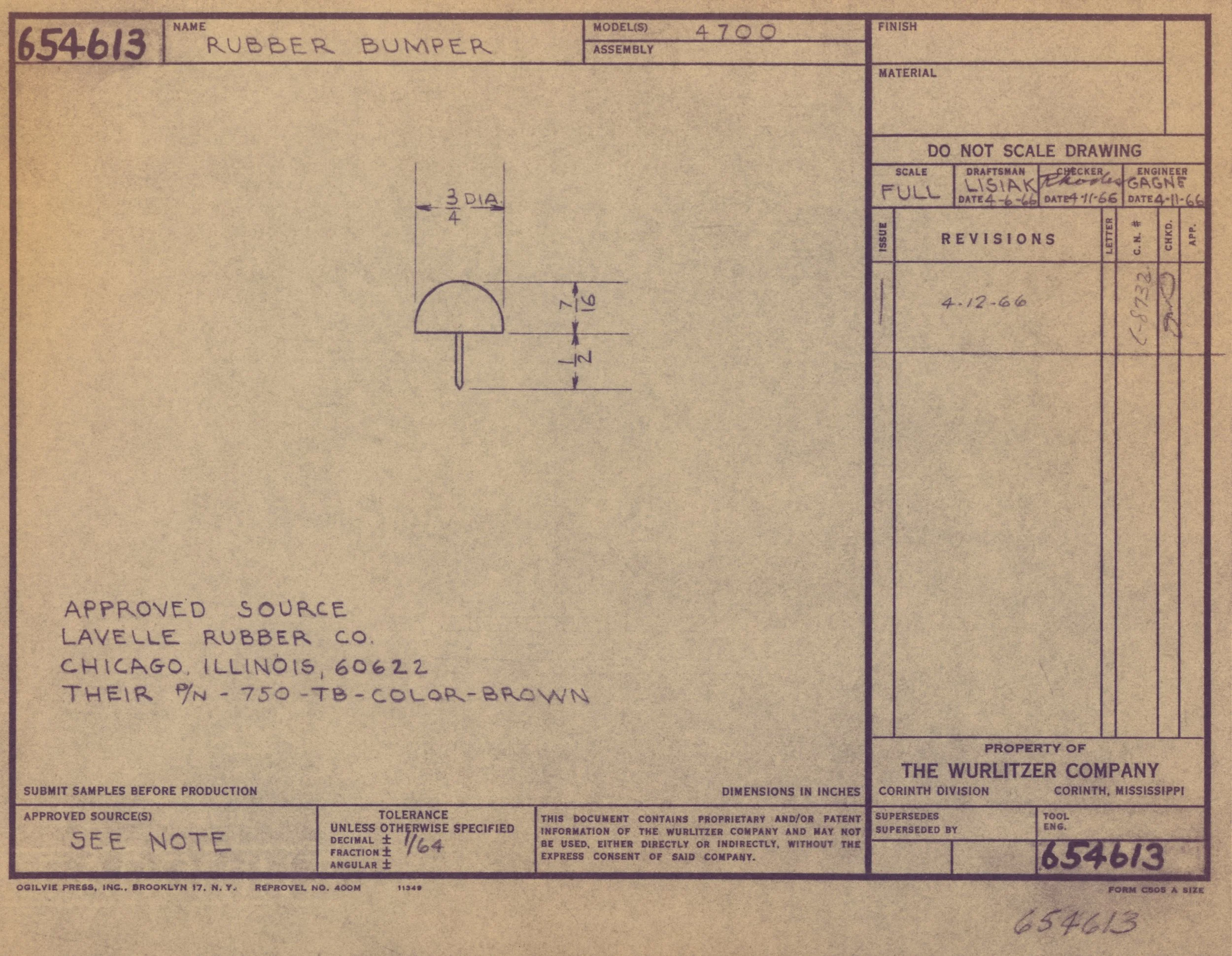 Blueprint drawing of a rubber bumper with detailed measurements, including a semicircular top and a vertical line beneath it, labeled with dimensions and a note to submit samples before production.