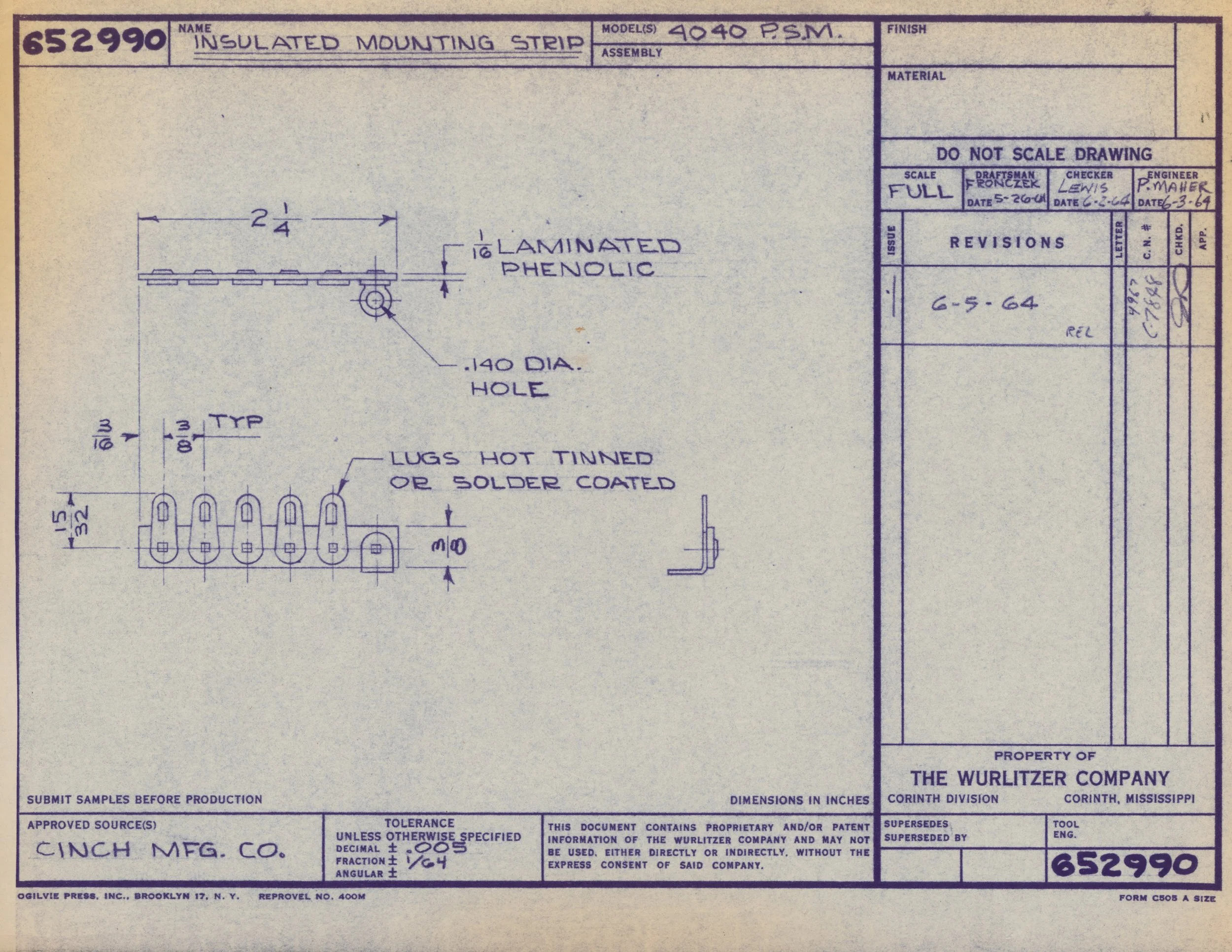 Technical drawing of an insulated mounting strip with specifications and dimensions, including a 1/4 inch length, a 1/16 inch thickness, and a 0.140 inch diameter hole, created by The Wurlitzer Company, Corinth, Mississippi.