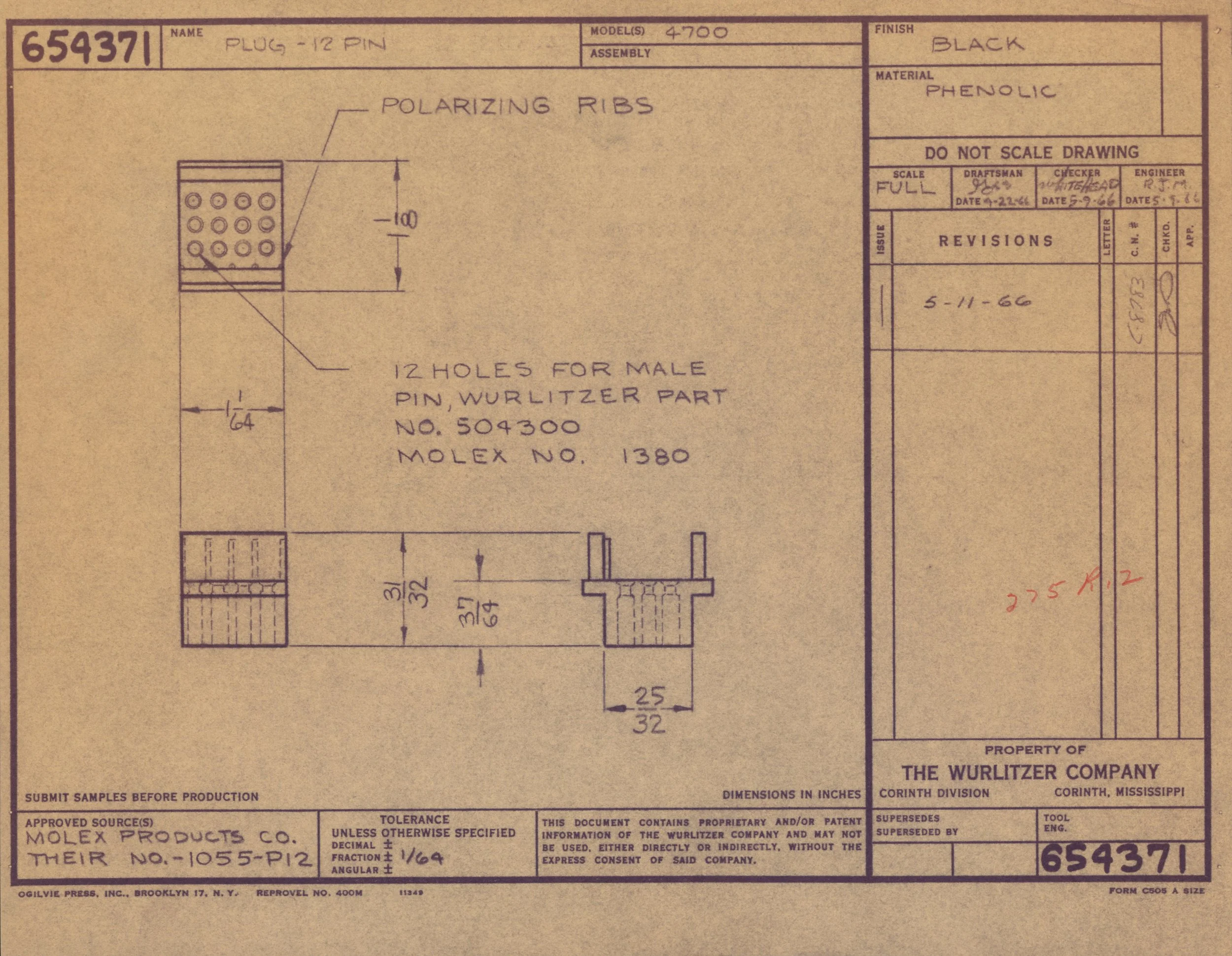 Technical drawing of a 12 pin plug with polarizing ribs, dimensions included, created by The Wurlitzer Company, property of MOLEX PRODUCTS CO. from Corinth, Mississippi.