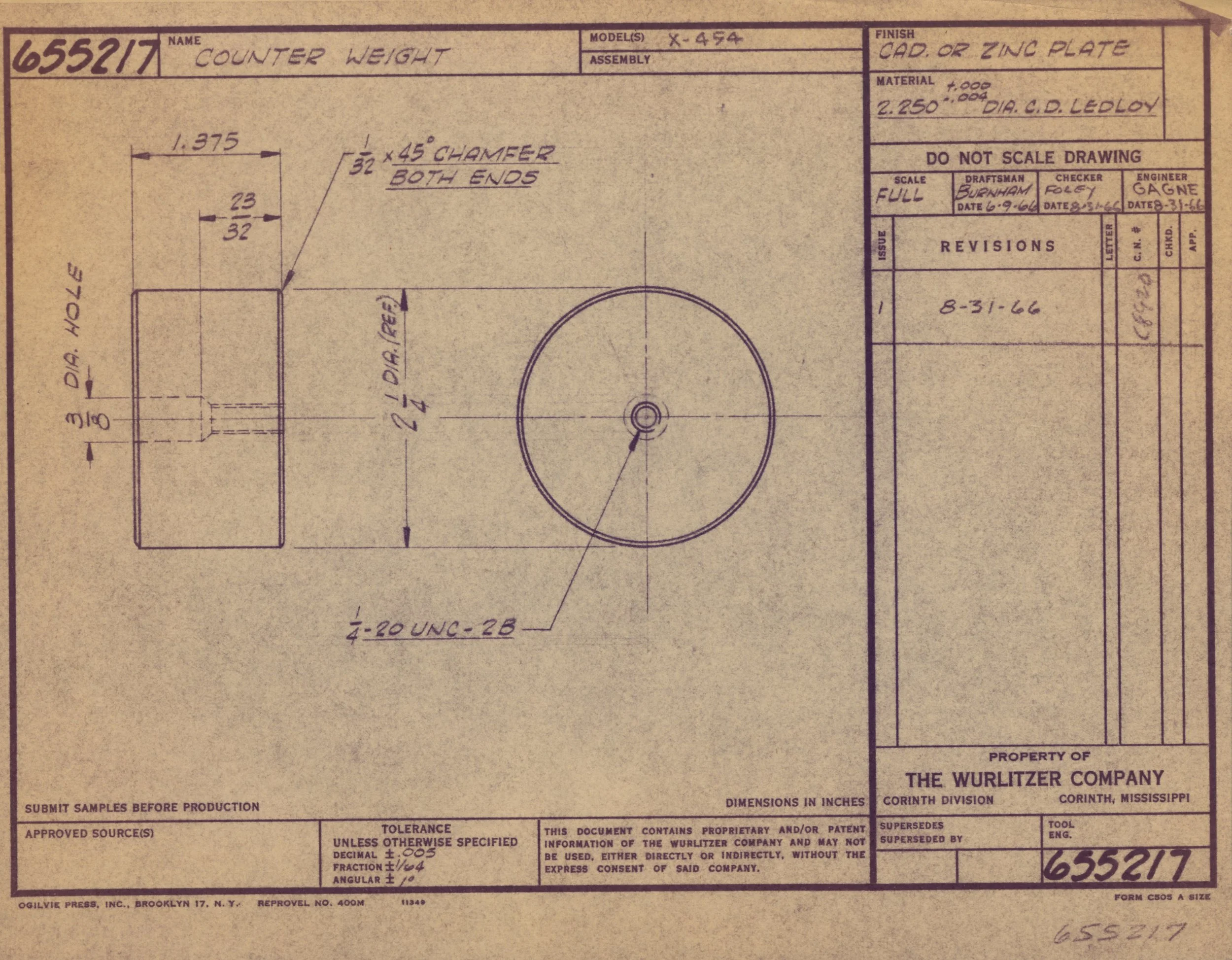 Technical drawing or blueprint of a counter weight, showing detailed dimensions, annotations, and specifications related to its design and construction.