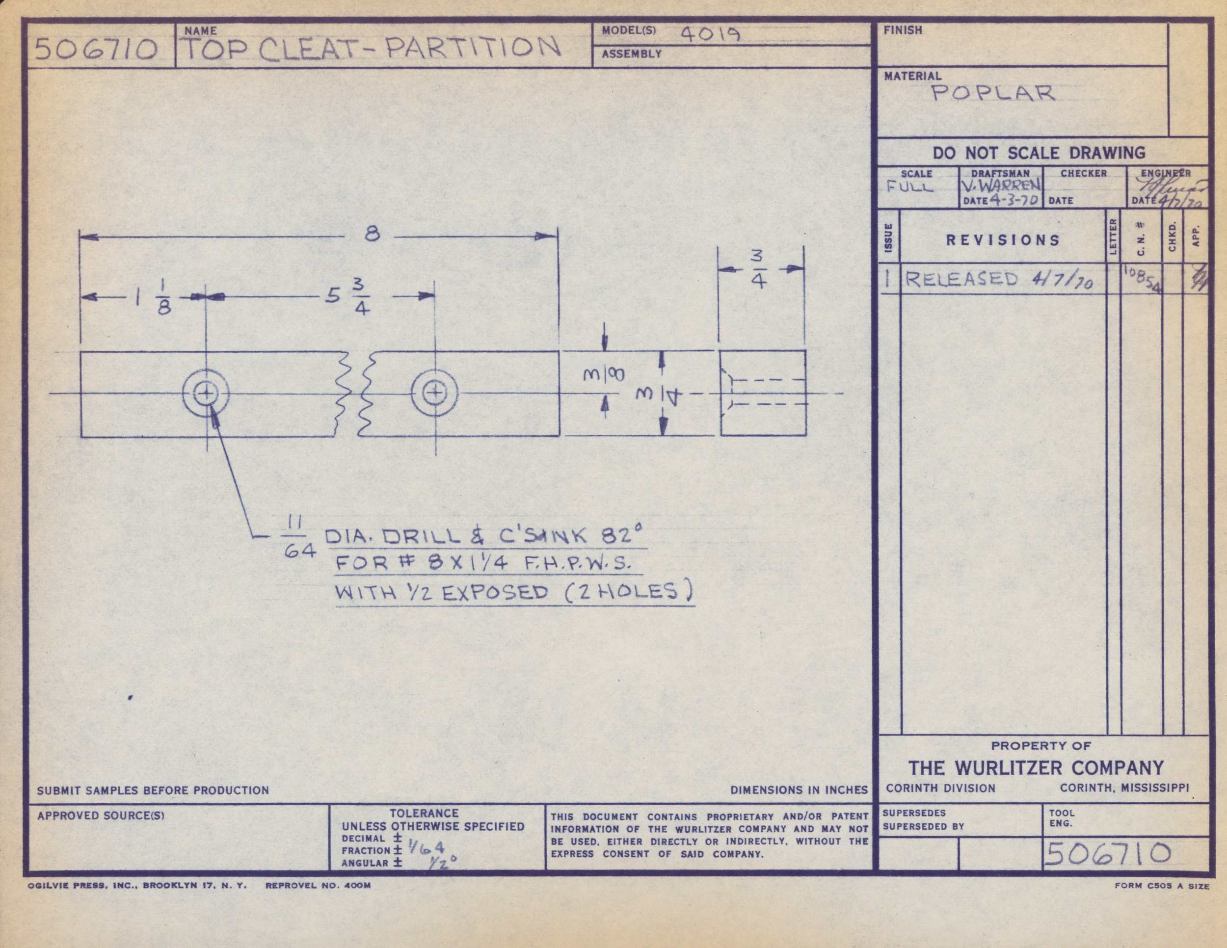 Blueprint drawing for a top cleat partition made of poplar wood, with measurements and technical details.