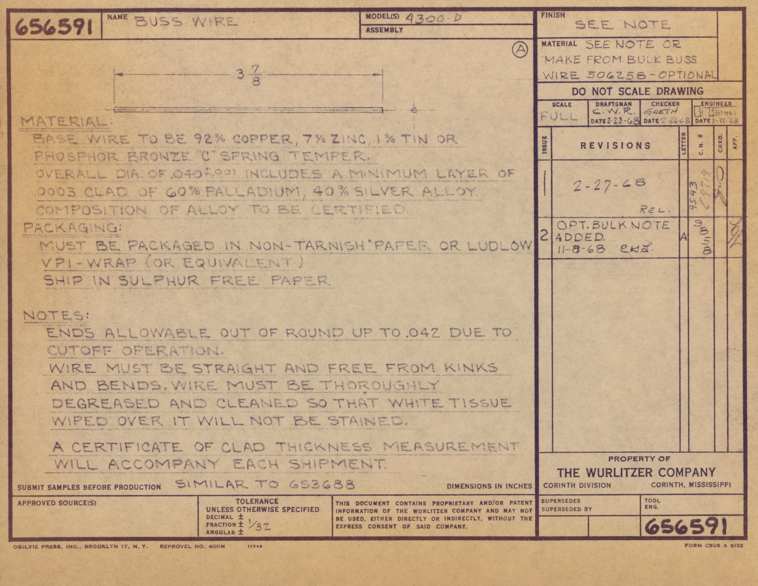 Technical drawing or blueprint for buss wire, with handwritten notes on material composition, dimensions, and packaging instructions.