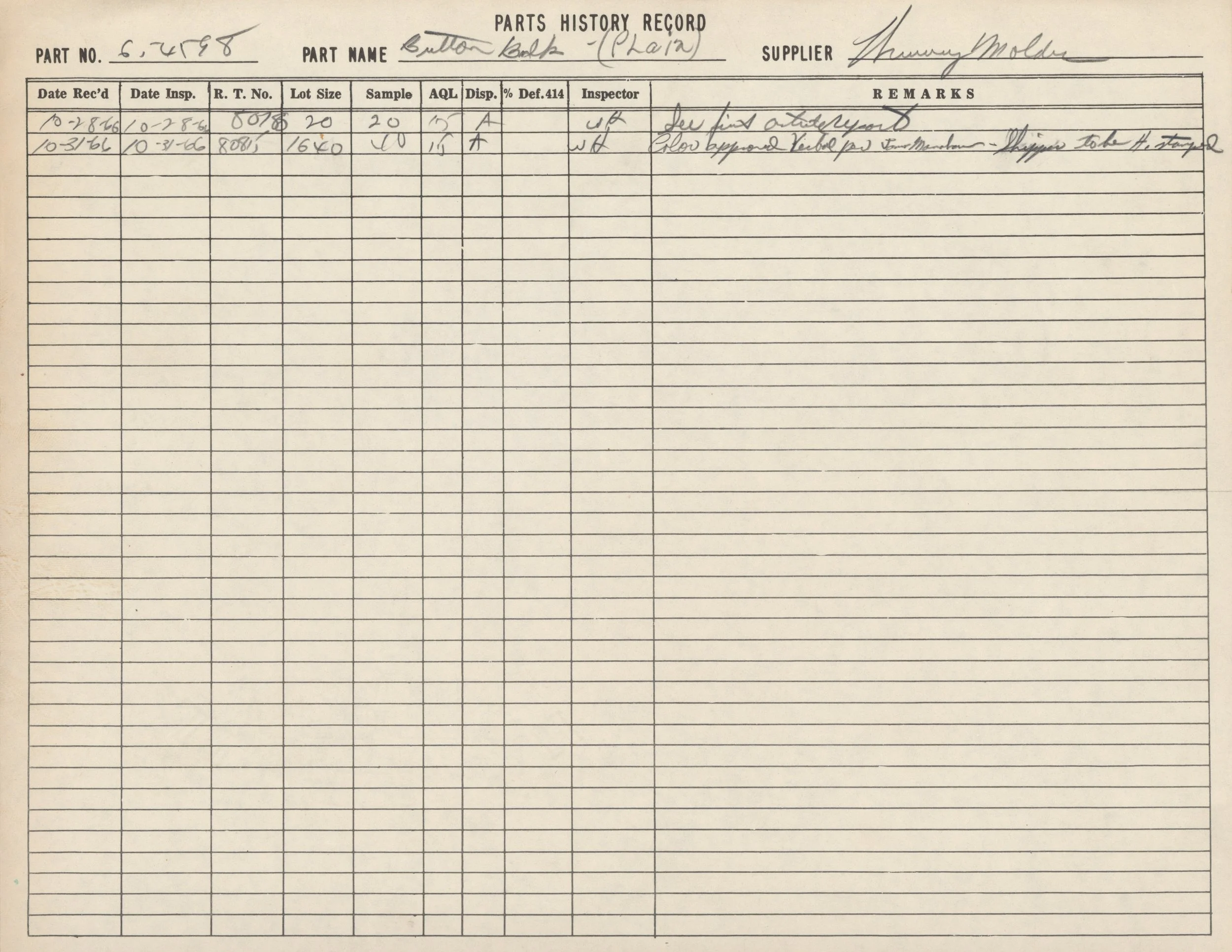 A handwritten record titled 'Parts History Record' for a part number 6,74585, describing the history of a button bobin with supplier Manualy Moldes. The record includes dates, inspection details, and remarks written in cursive.
