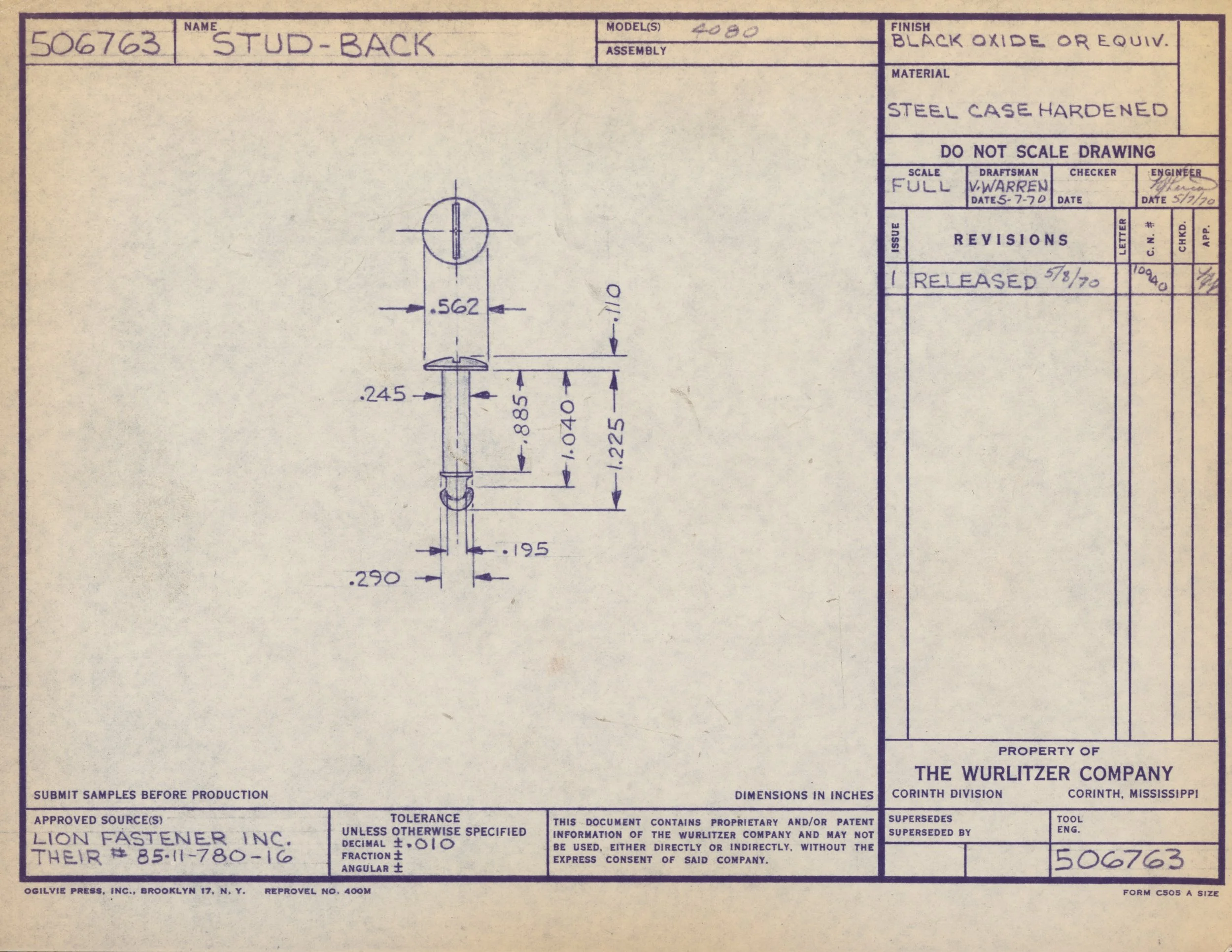 Technical blueprint drawing of a stud-back fastener with detailed dimensions and manufacturing information, created by The Wurlitzer Company.