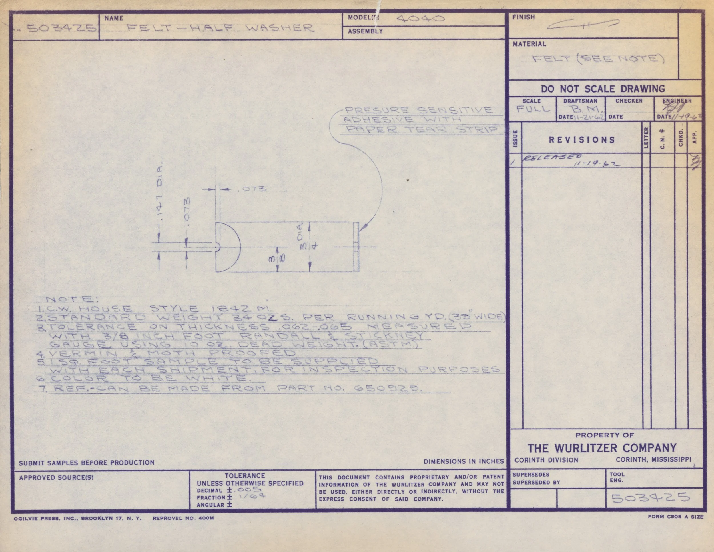 Blueprint for a felt-half washer, showing dimensions, notes on materials, and manufacturing details.