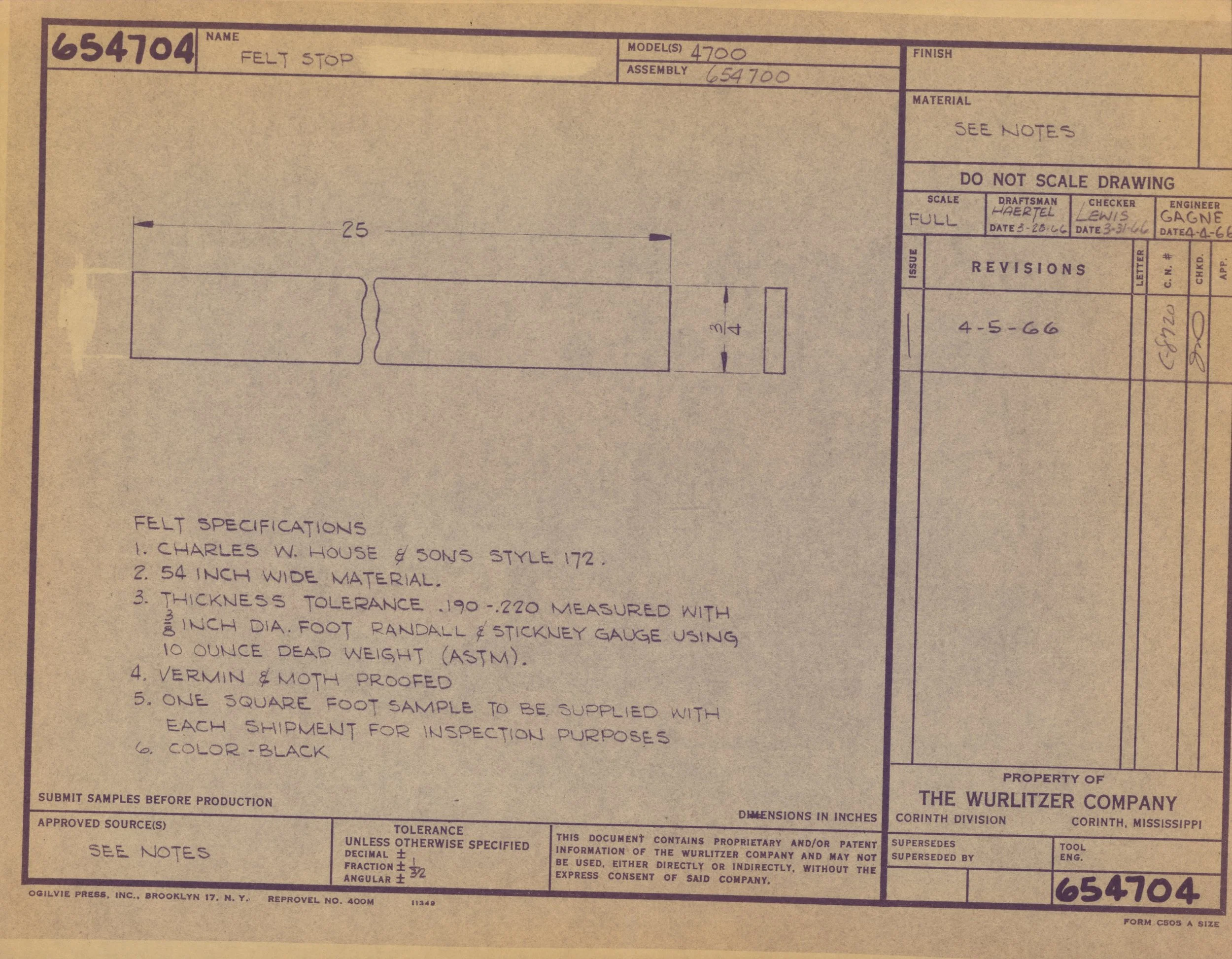 Blueprint or technical drawing of a felt stop, including measurements and specifications.