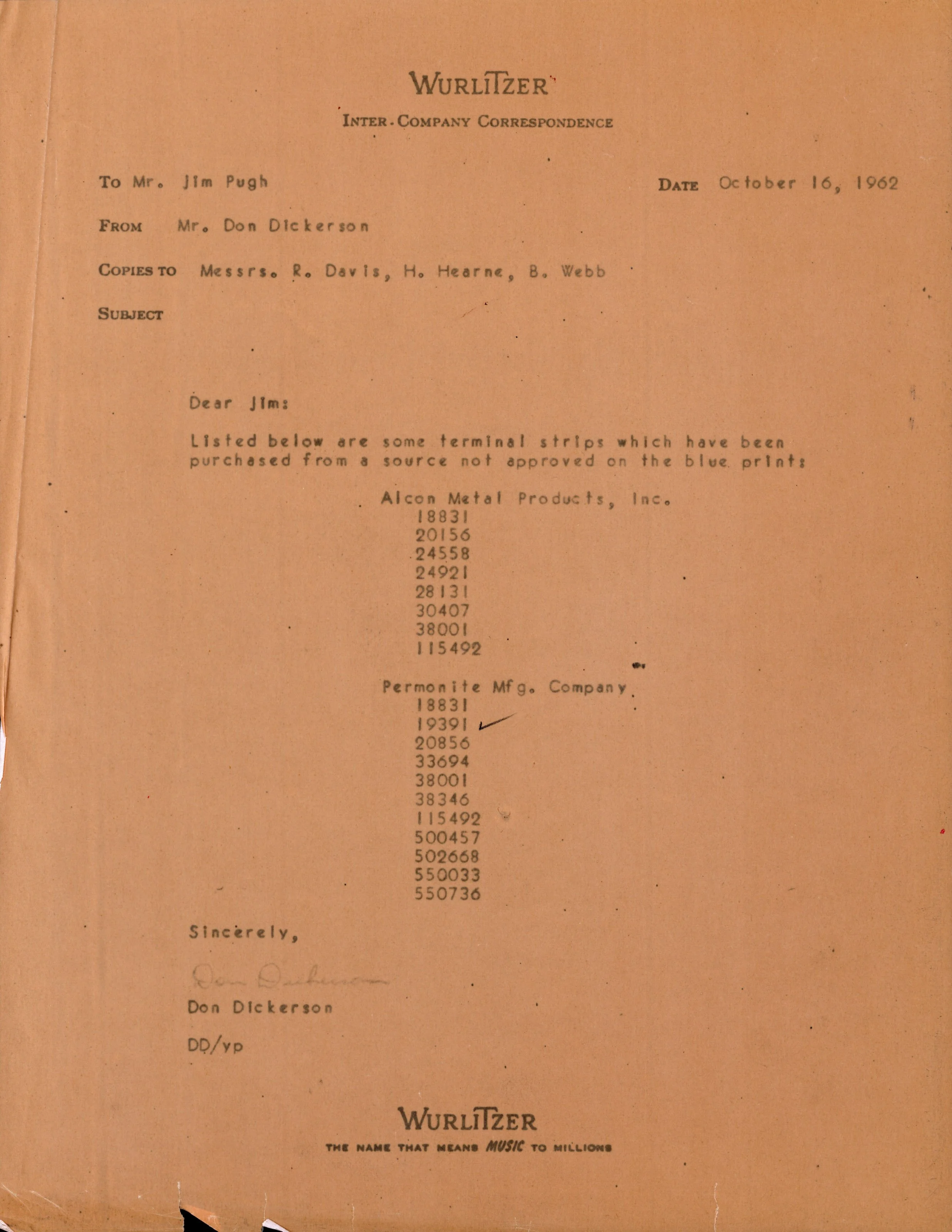 A vintage letter with the header 'Wurlitzer Inter. Company Correspondence' dated October 16, 1962, addressed to Mr. Jim Pugh from Mr. Don Dickerson, and copied to several individuals. The letter discusses terminal strips purchased from an unapproved 