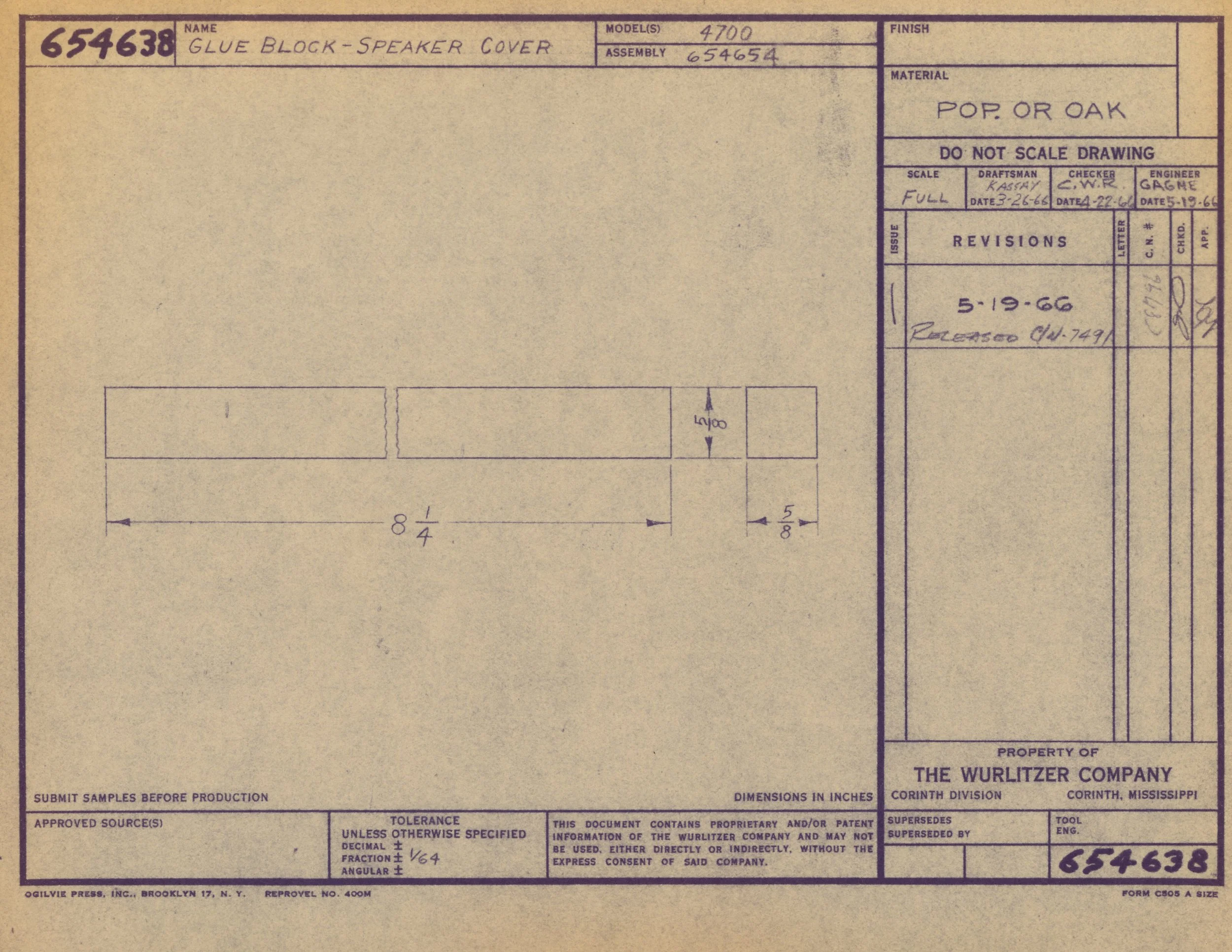 Blueprint for a glue block speaker cover made of poplar or oak, with detailed dimensions and annotations, created by The Wurlitzer Company in Corinth, Mississippi.