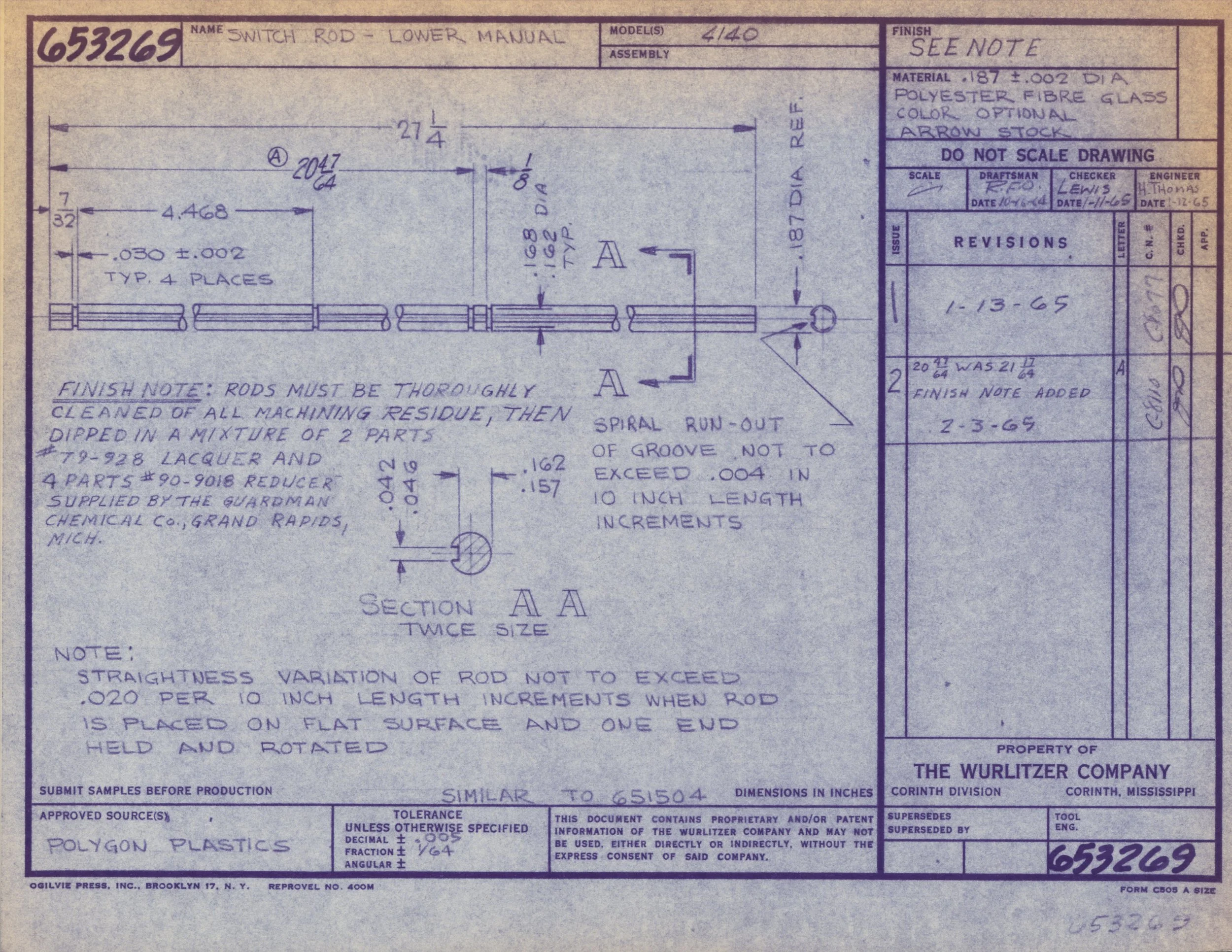 Technical engineering blueprint for a lower manual switch rod. Contains detailed measurements, annotations, and specifications for manufacturing or assembly.