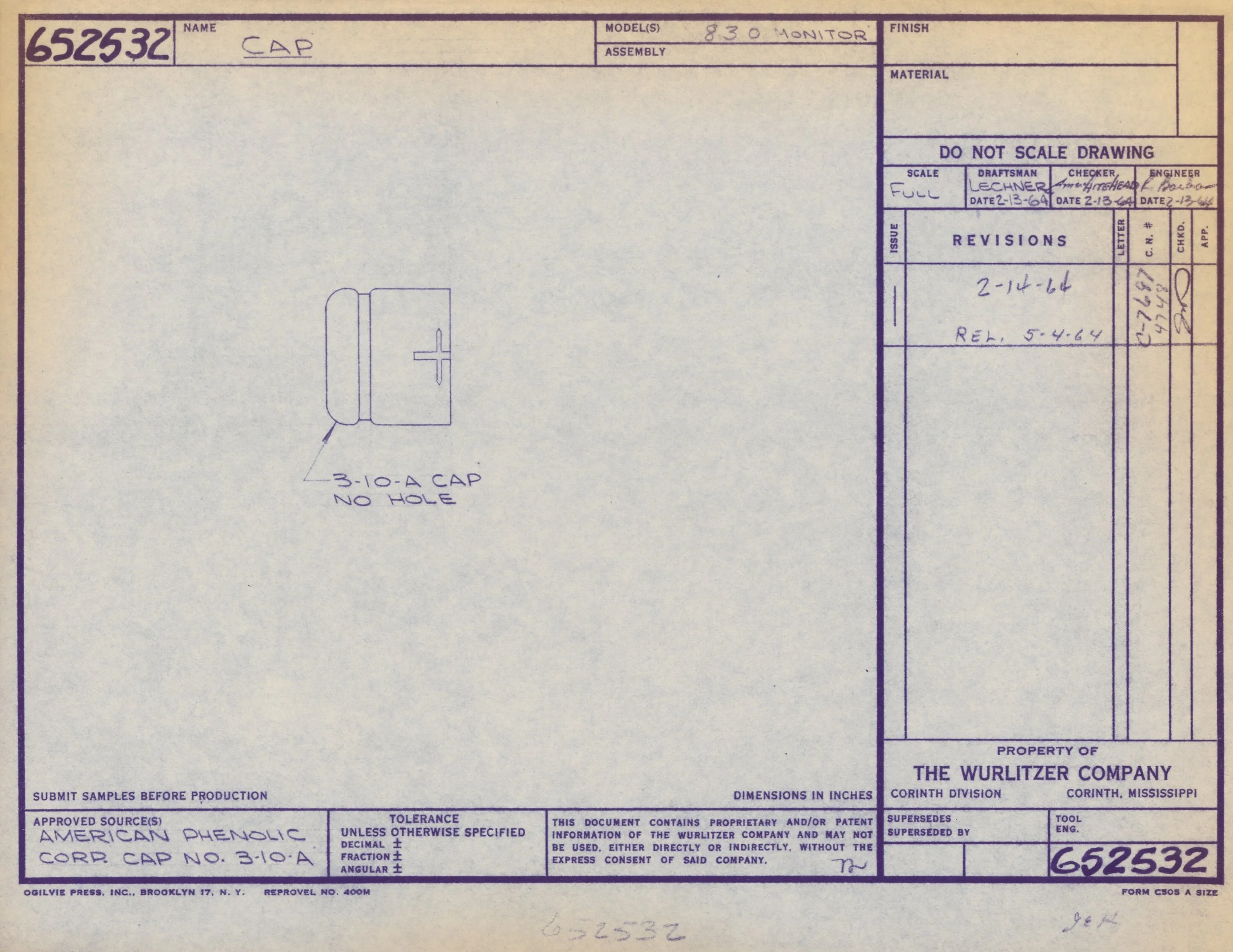 A technical drawing or blueprint of a part called 'Cap', including handwritten notes, specifications, and stamps from the Wurlitzer Company, dated February 13, 1964.