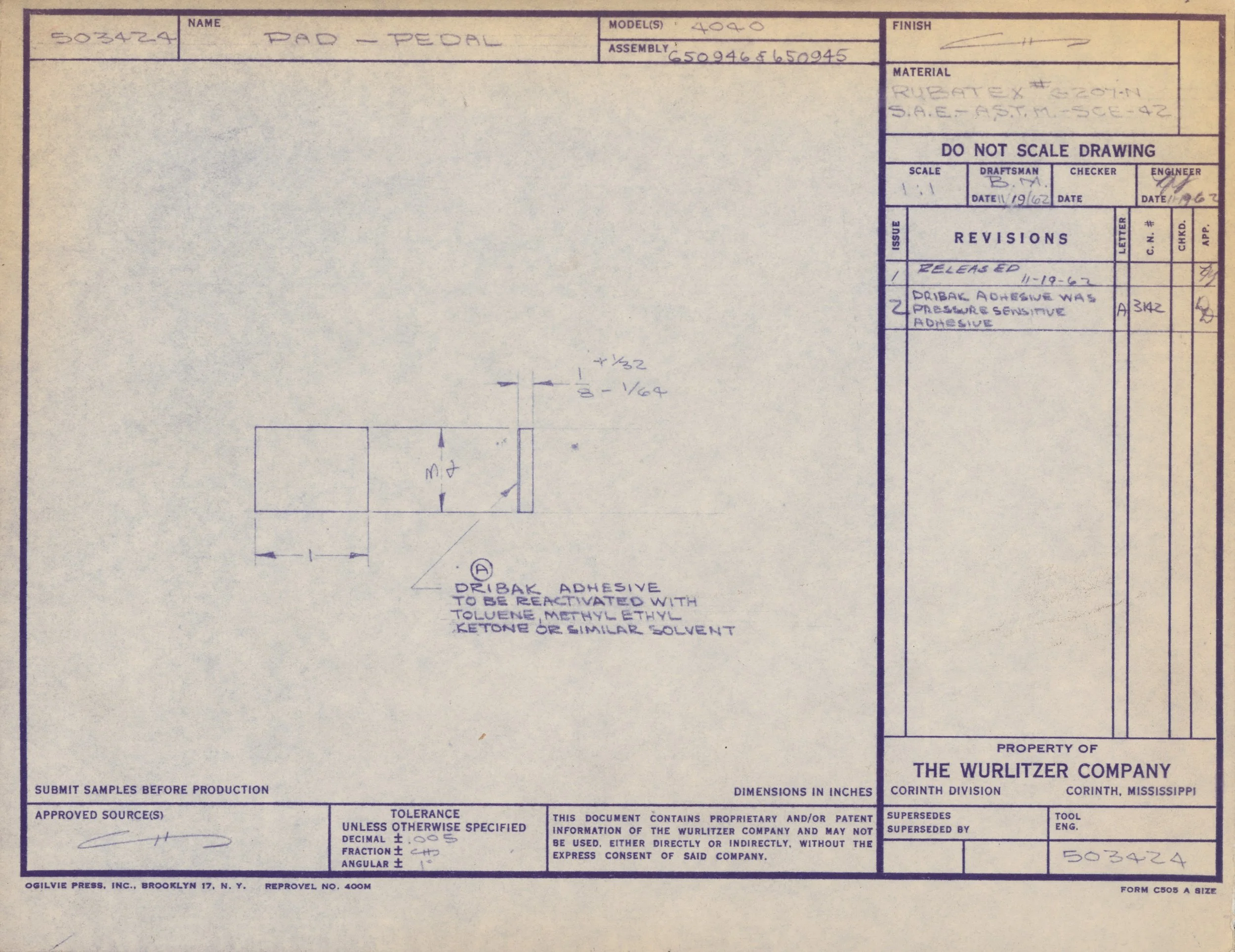 Technical drawing or blueprint for a product called 'Pad - Pearl' by Wurlitzer Company, including measurements, material specifications, and revision details.