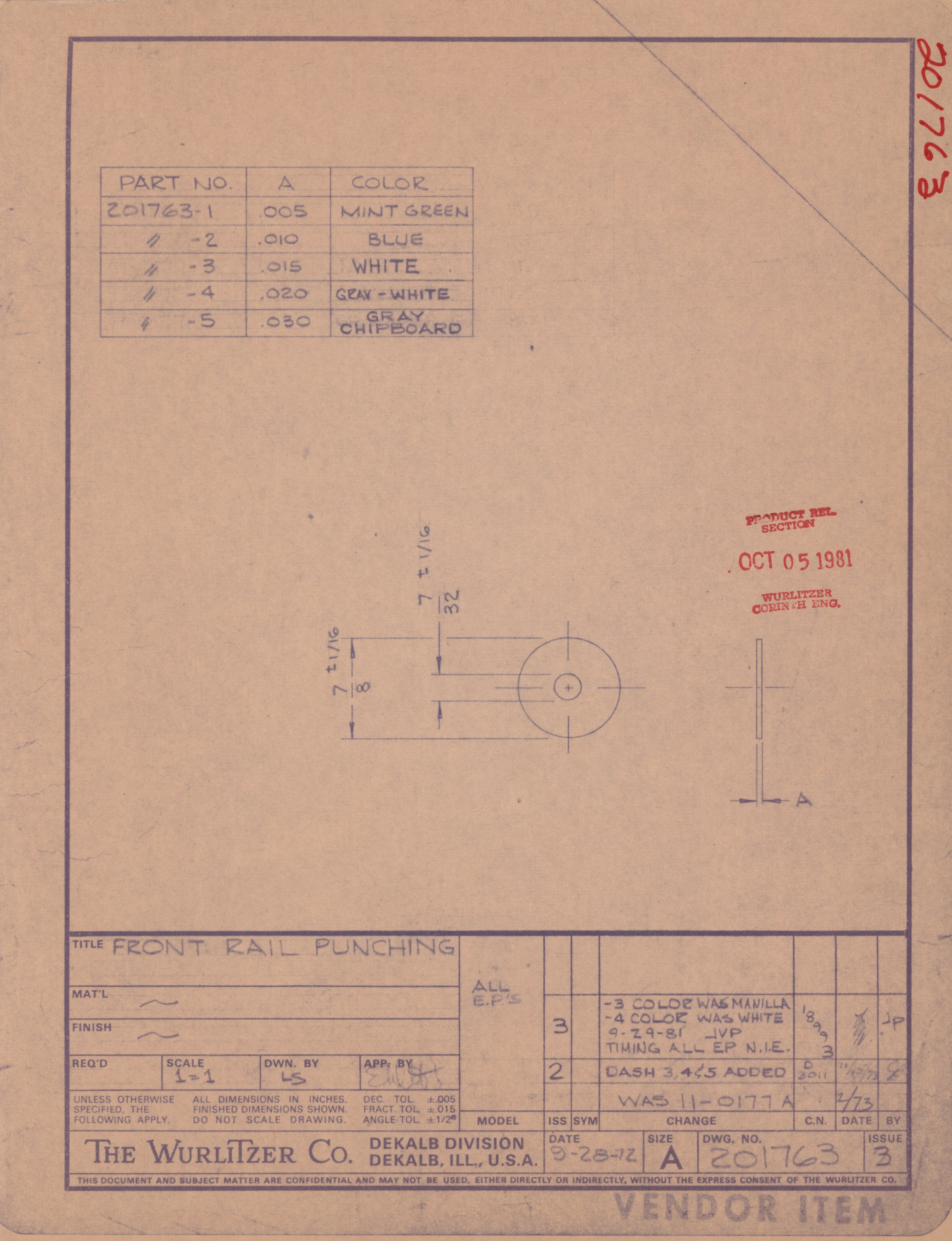 A technical drawing or blueprint titled 'Front Rail Punching' from The Wurlitzer Co. dated October 5, 1981, showing detailed measurements, specifications, and part numbers related to the front rail punching of a musical instrument.