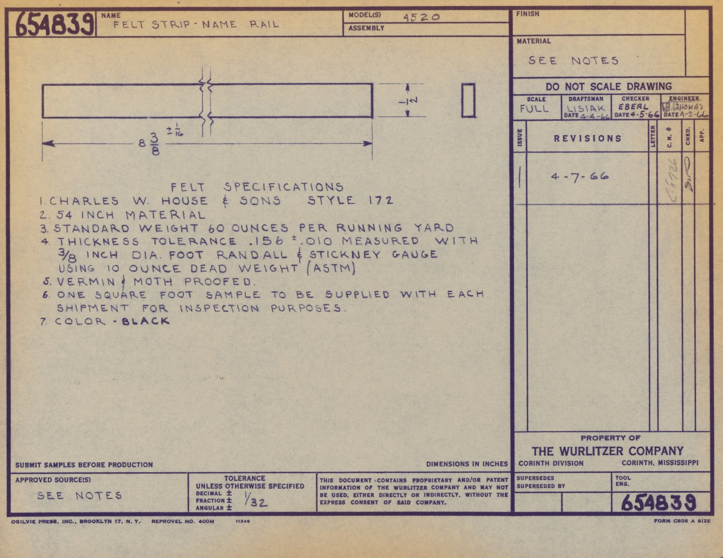 Technical drawing or blueprint of a felt strip called 'Name Rail,' created by The Wurlitzer Company, featuring dimensions, specifications, and revision details.