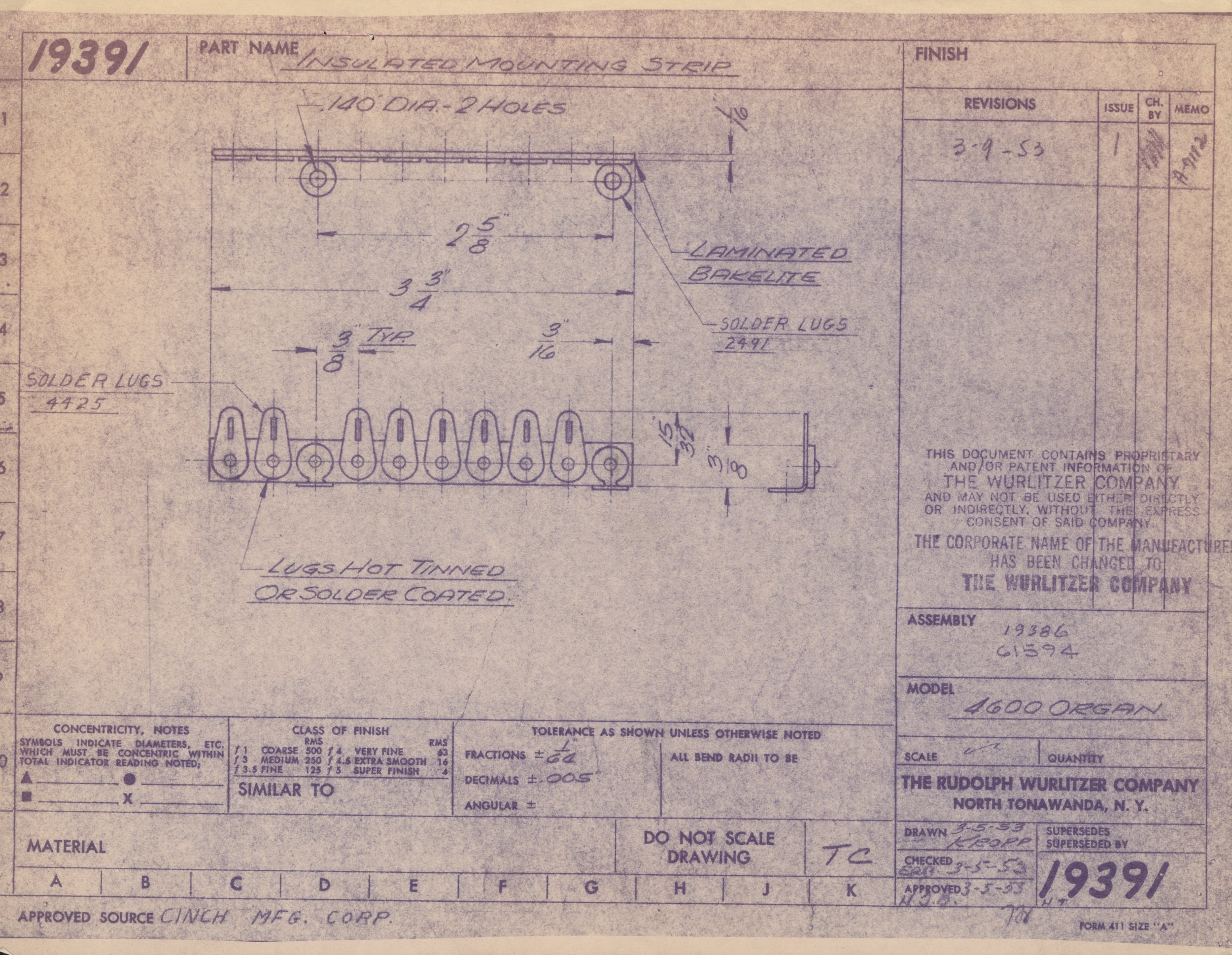 Technical engineering blueprint for a part labeled 'Insulated Mounting Strip' with measurements and design specifications from 1939.