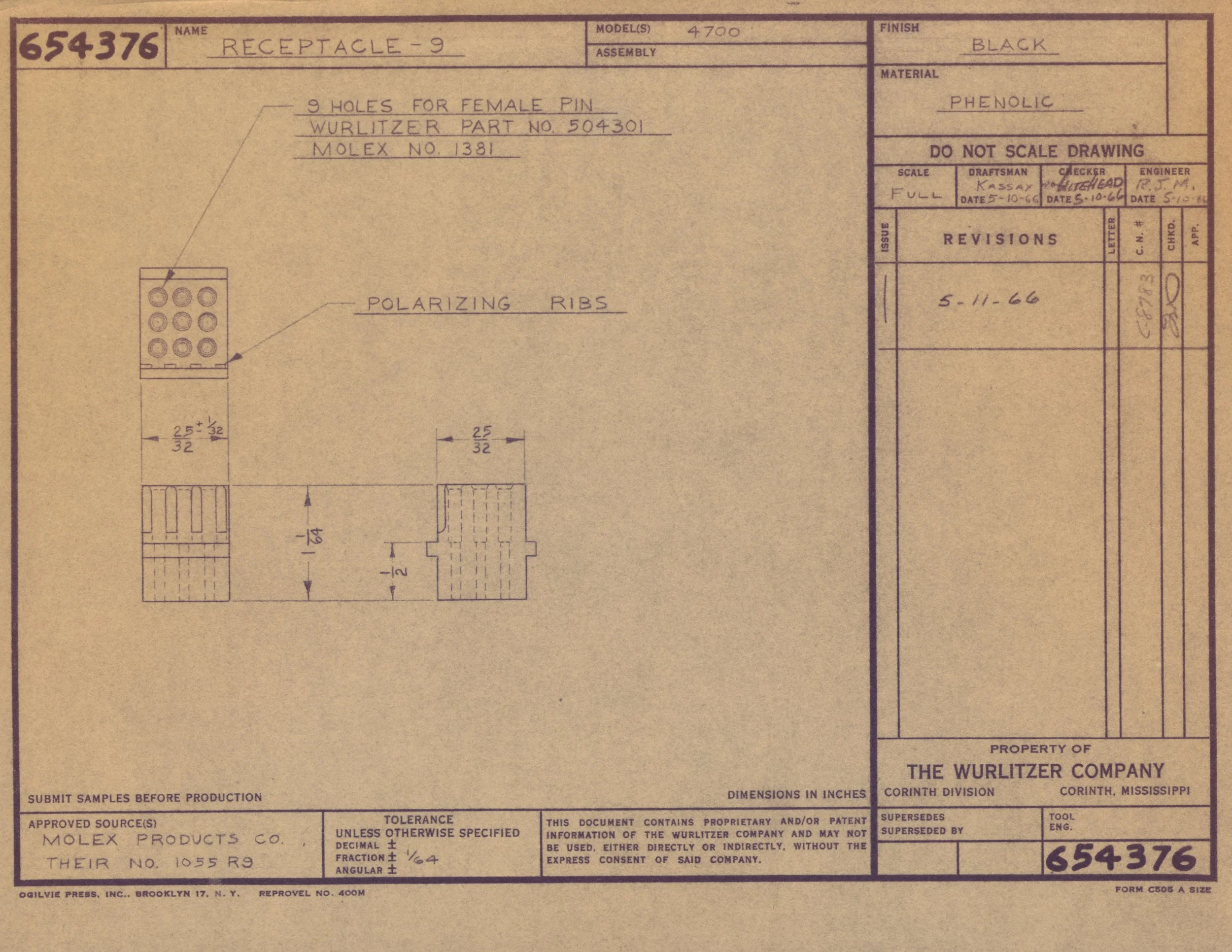 Engineering blueprint or technical drawing for a receptacle with 9 holes for female pin, specifications include model number 4700, black finish, phenolic material, and dimensions in inches.