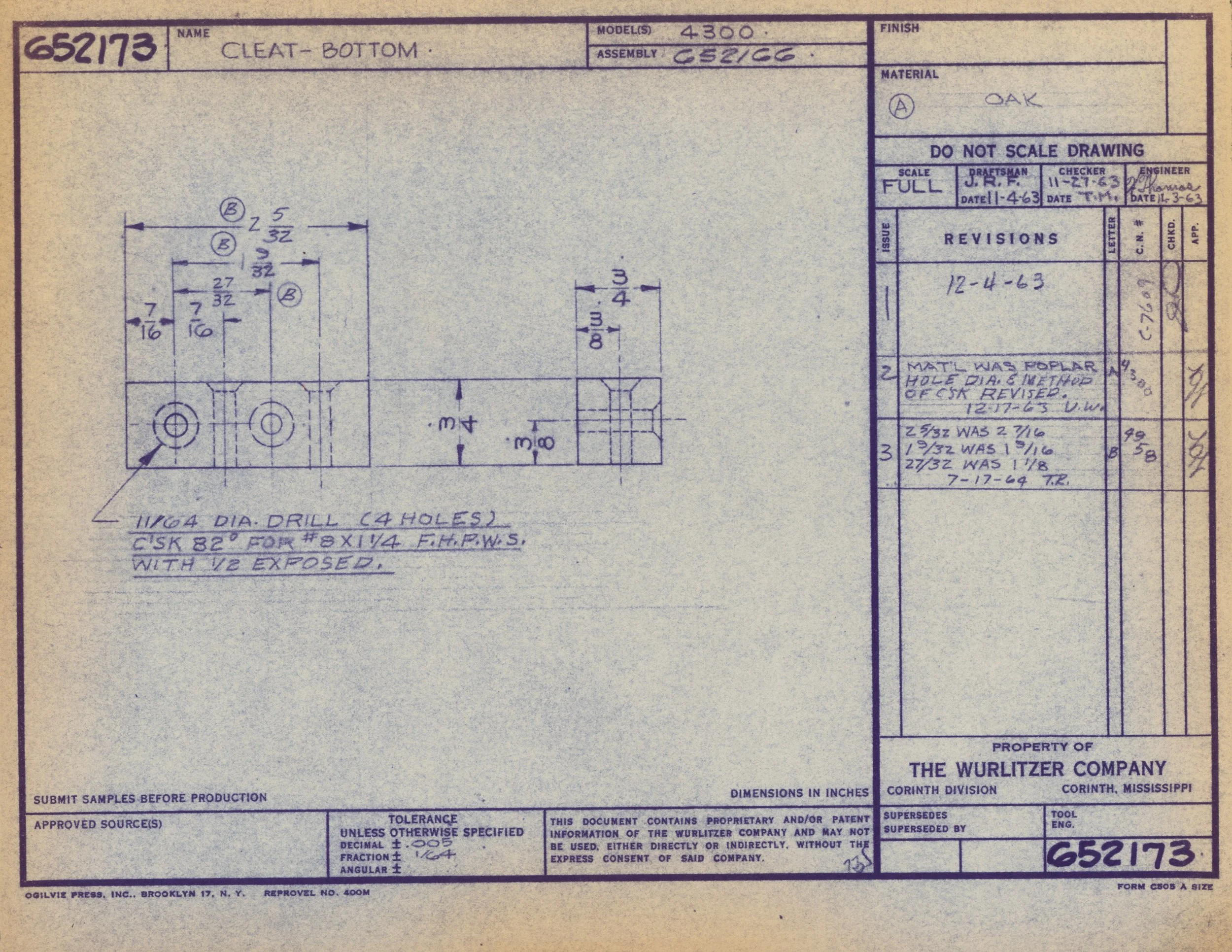 Engineering blueprint for a bottom cleat, showing detailed measurements and specifications, labeled with part number 652173 and created by The Wurlitzer Company.