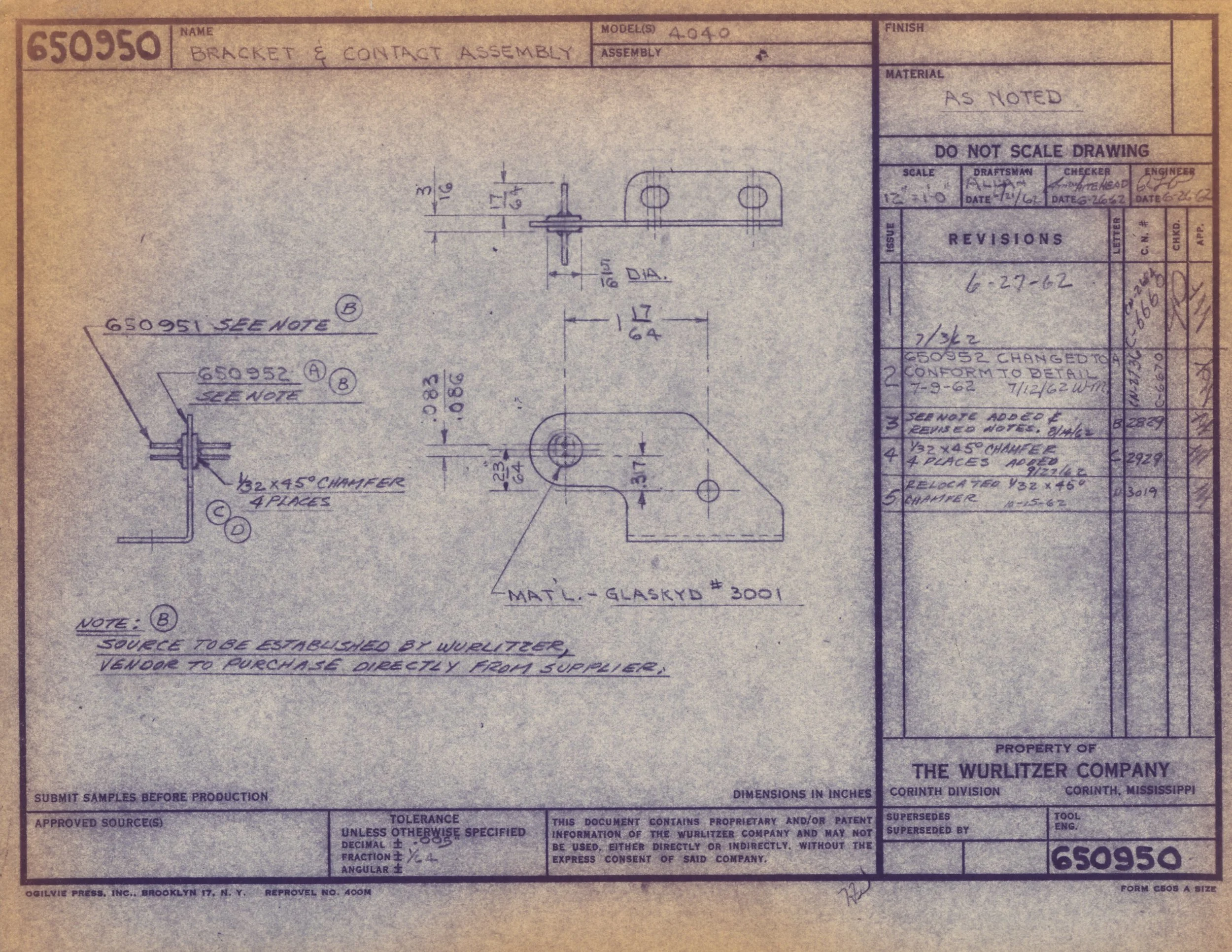 Blueprint drawing of a bracket and contact assembly with measurements and notes, issued by Wurlitzer Company.