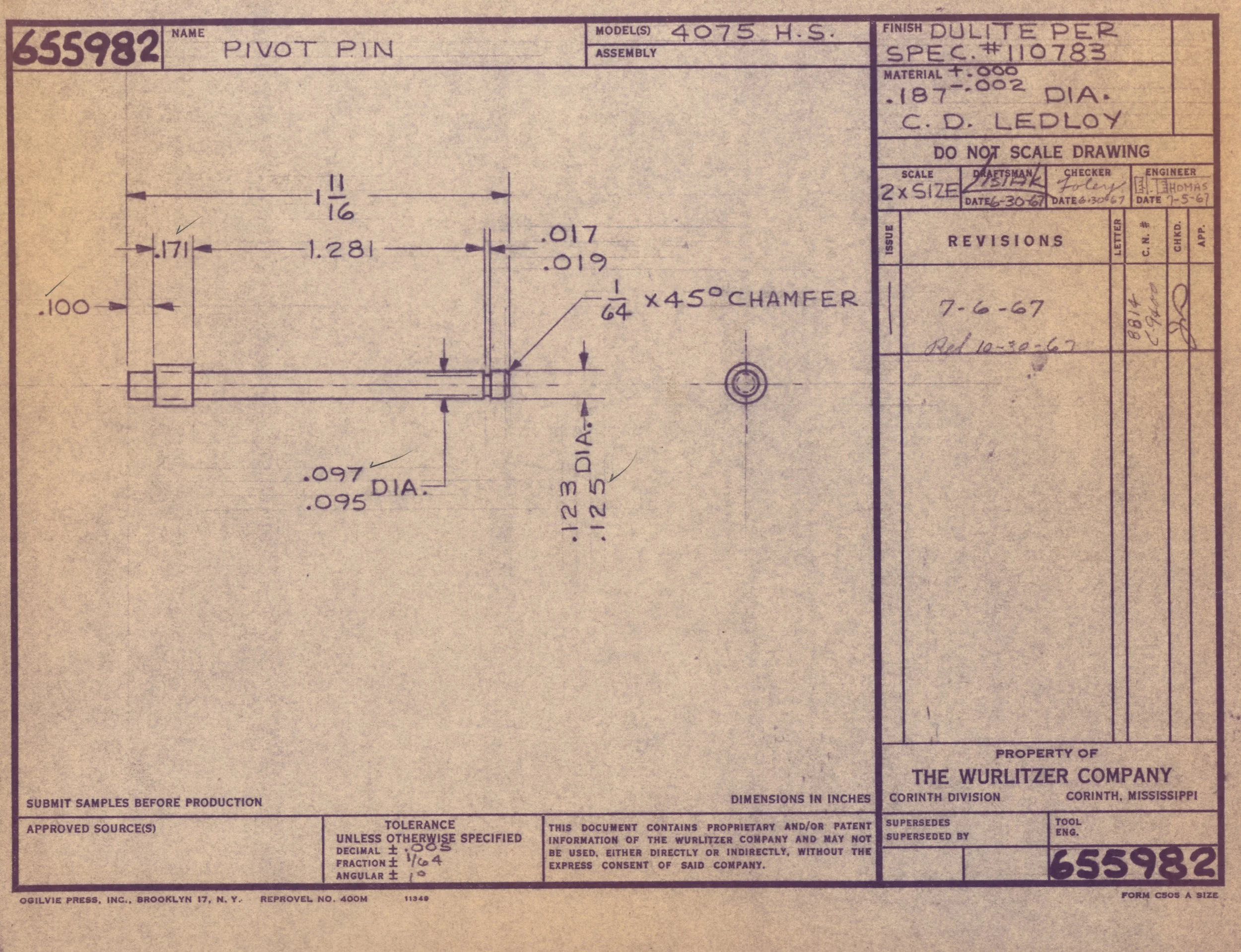 Blueprint drawing of a pivot pin with detailed measurements and annotations, including diameter and chamfer specifications.