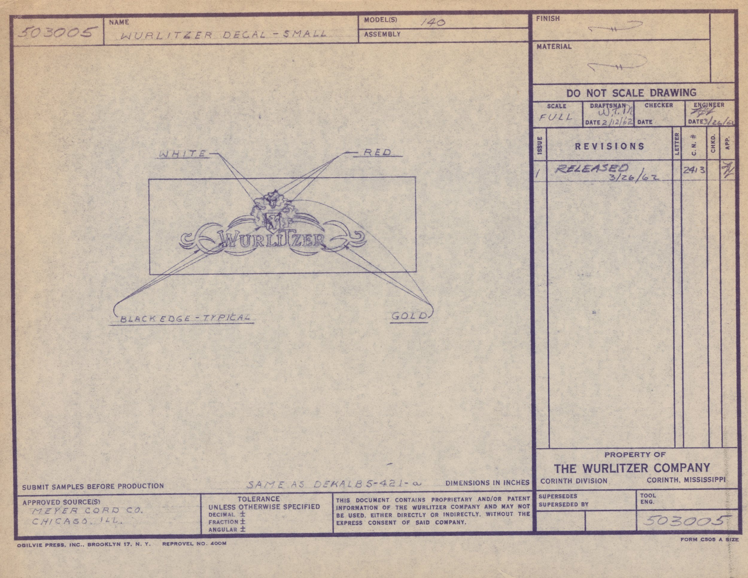 Blueprint of a decal design featuring a detailed emblem with a lion's head and wings, labeled 'Wurlitzer,' with color annotations pointing to white, red, black edge, and gold.