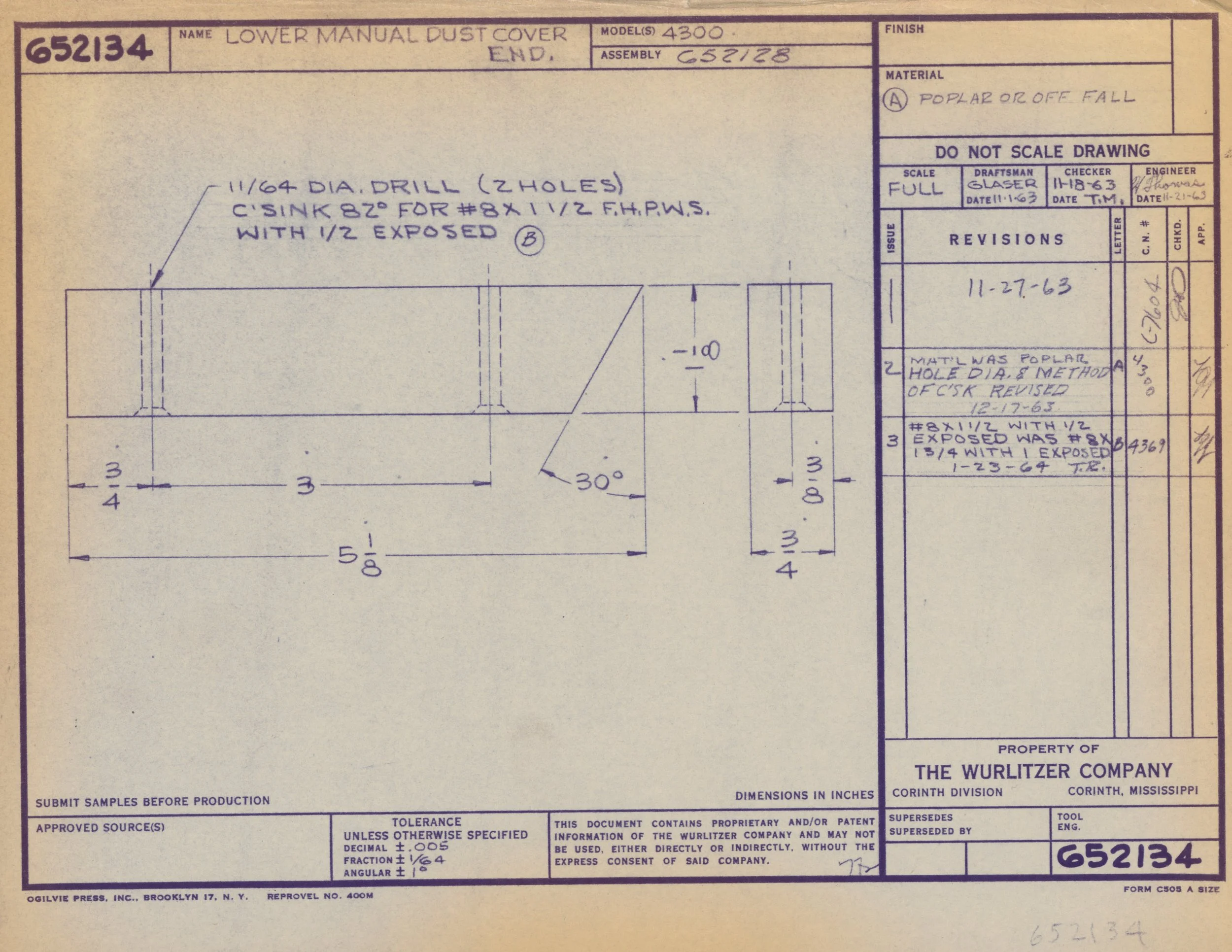 Blueprint diagram of a lower manual dust cover for a Model A4300, showing specifications for holes and drill measurements, with handwritten notes and technical details.