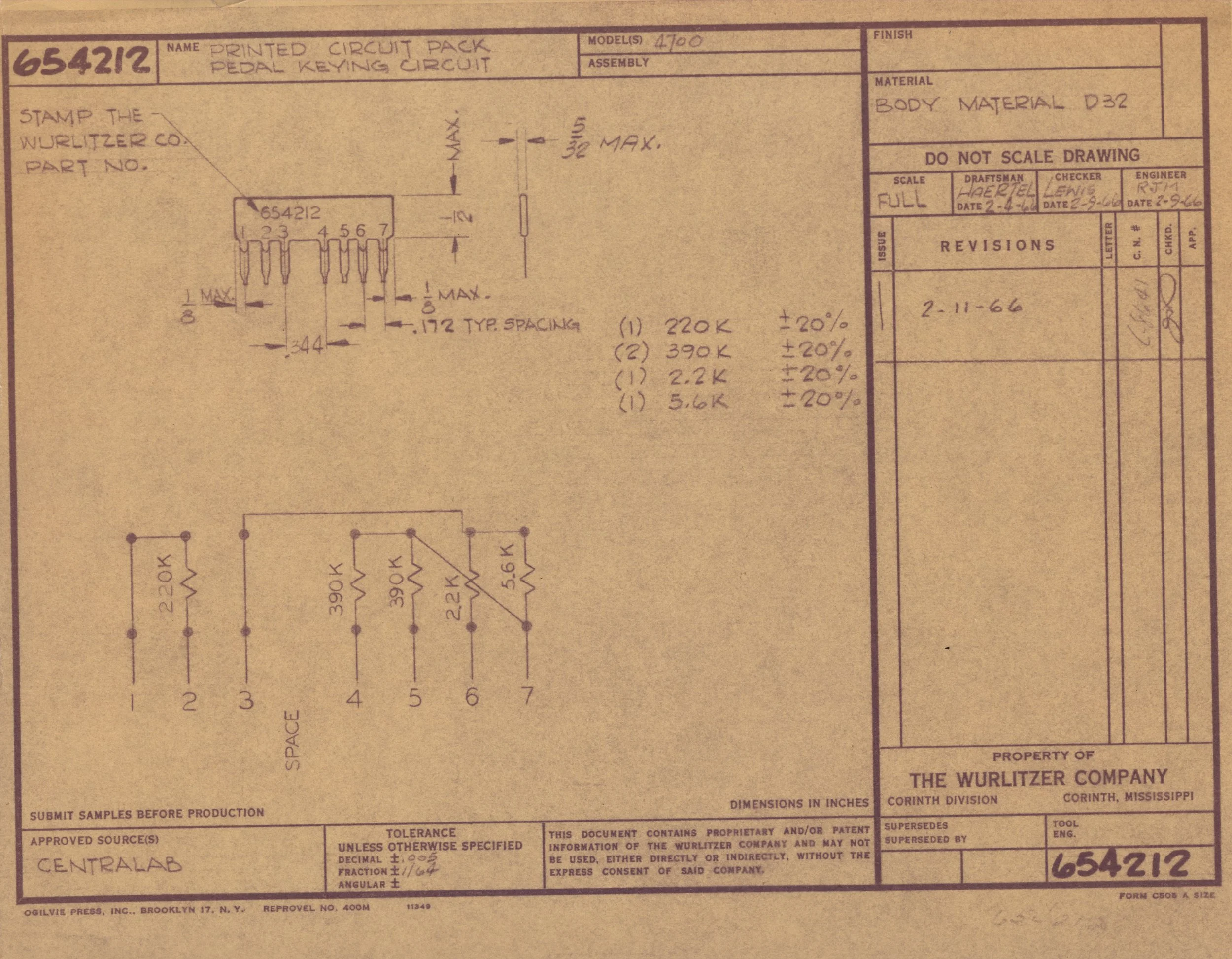 Technical blueprint or schematic drawing for a printed circuit pack pedal keying circuit by The Wurlitzer Company. Contains handwritten notes, dimensions, and labels for components.