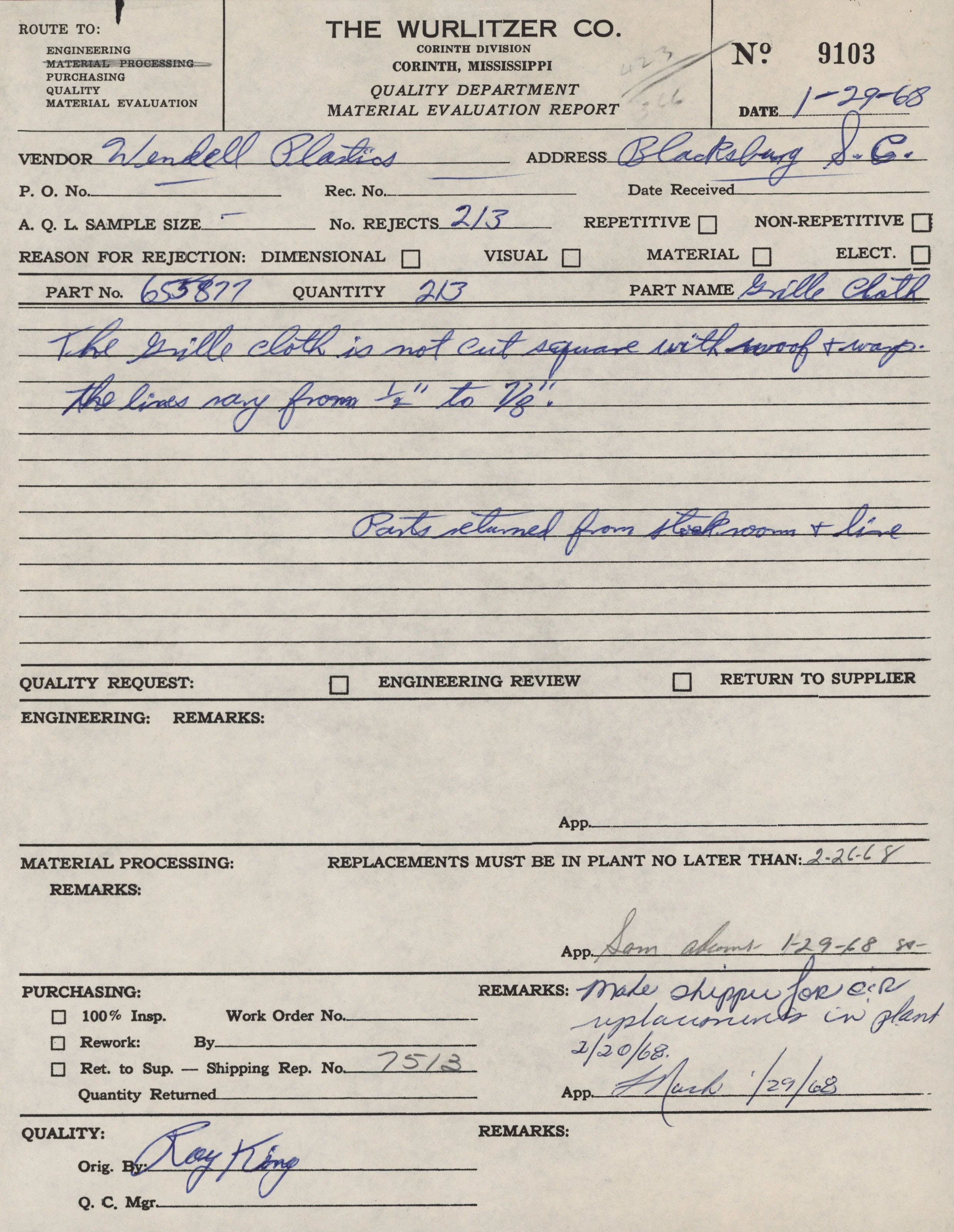 A historical handwritten and typed document titled 'Material Evaluation Report' from 'The Wurlitzer Co.' located in Corinth, Mississippi, with handwritten notes, signatures, and annotations pertaining to evaluating a product, dated January 29th, 1968