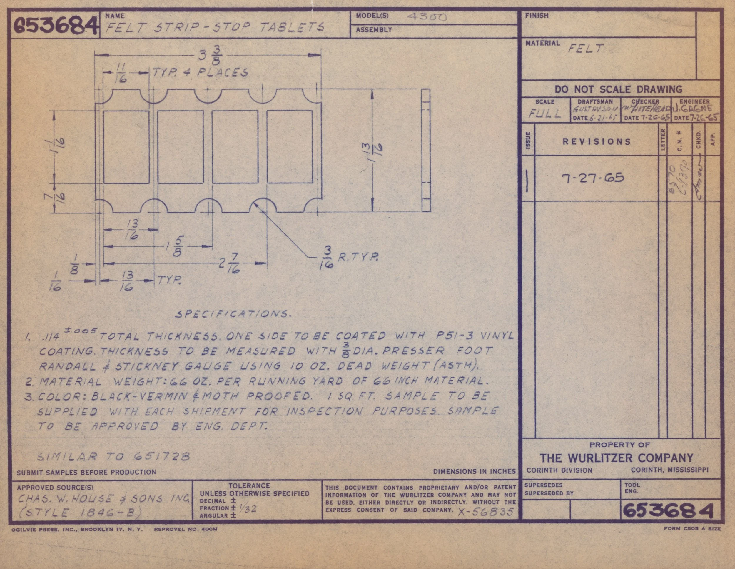 Technical drawing for felt strip-stop tablets, showing dimensions and specifications, created by Wurlitzer Company in Mississippi in 1965.