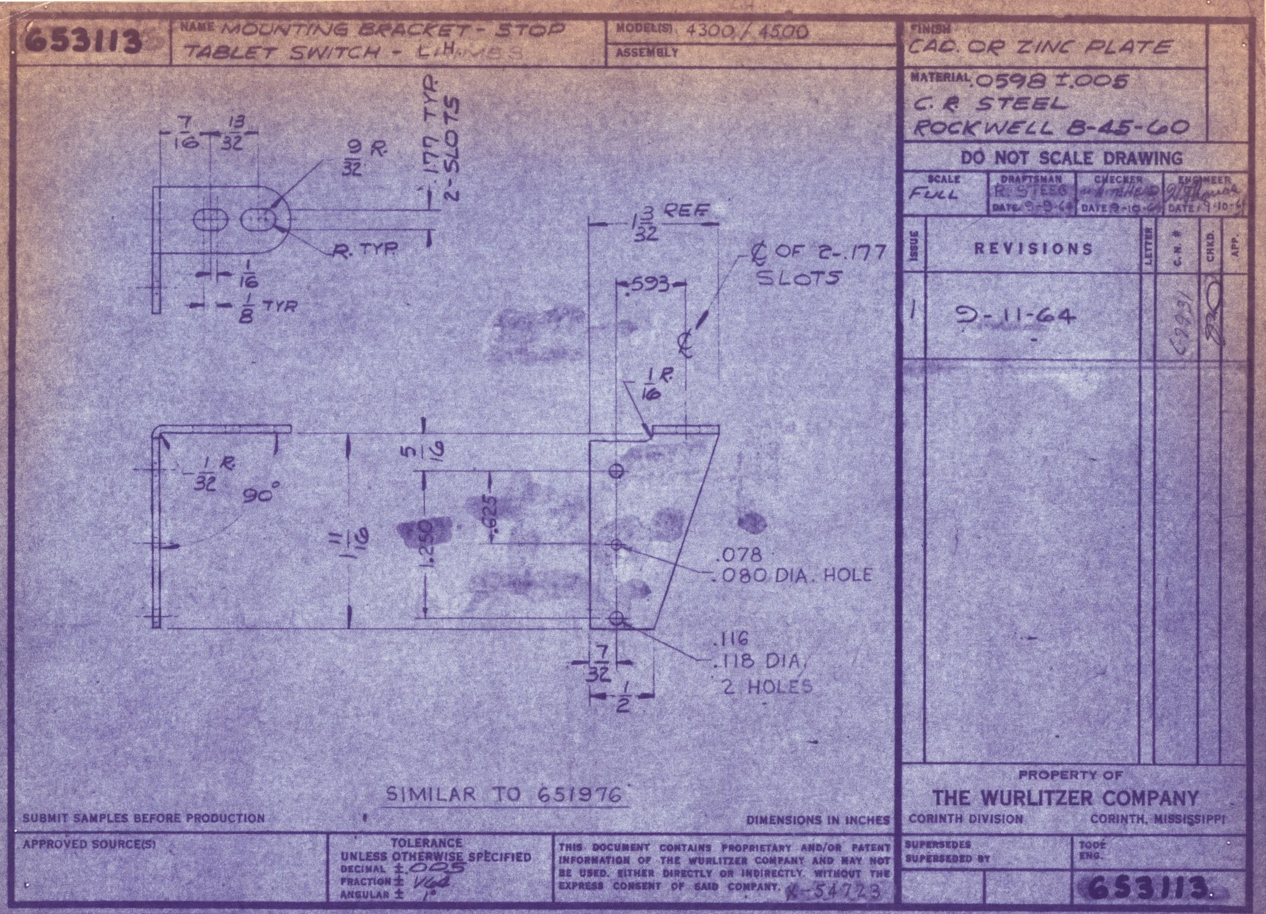 A technical engineering blueprint showing detailed drawings and measurements for a mounting bracket stop for a tablet switch, with specifications, part numbers, and approval signatures.