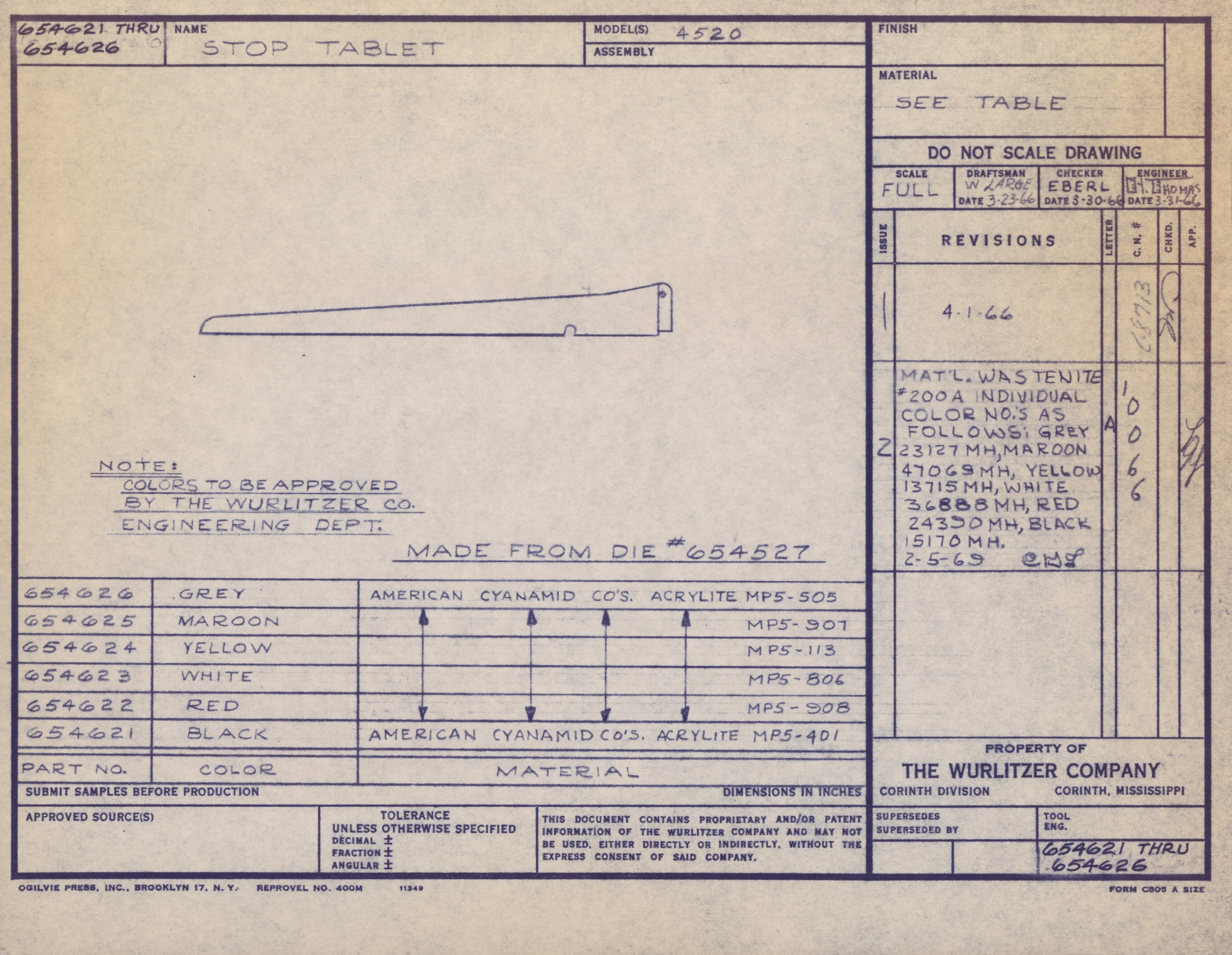 Blueprint drawing of a stop table, showing a side view of the table with dimensions and color options listed.
