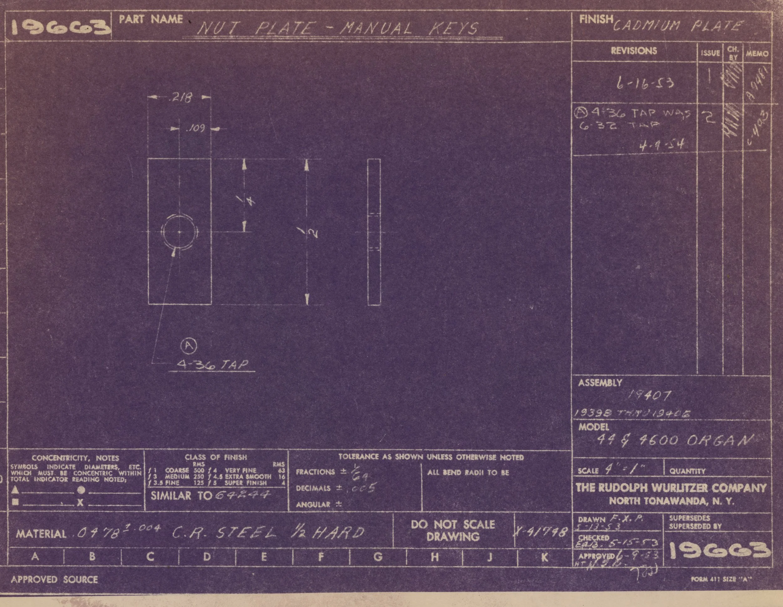 Blueprint drawing of a nut plate with specifications, measurements, and notes for manufacturing, created by The Rudolph Wurlitzer Company.